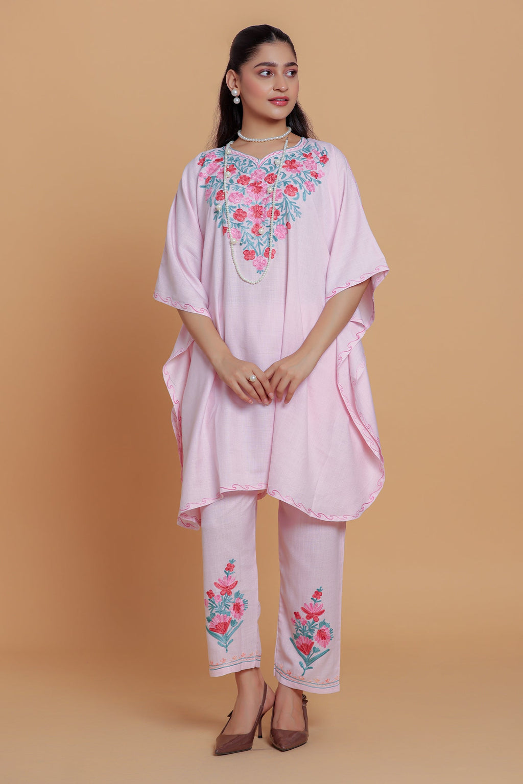 Cotton Kaftan Set in Kashmiri Aari - Pink