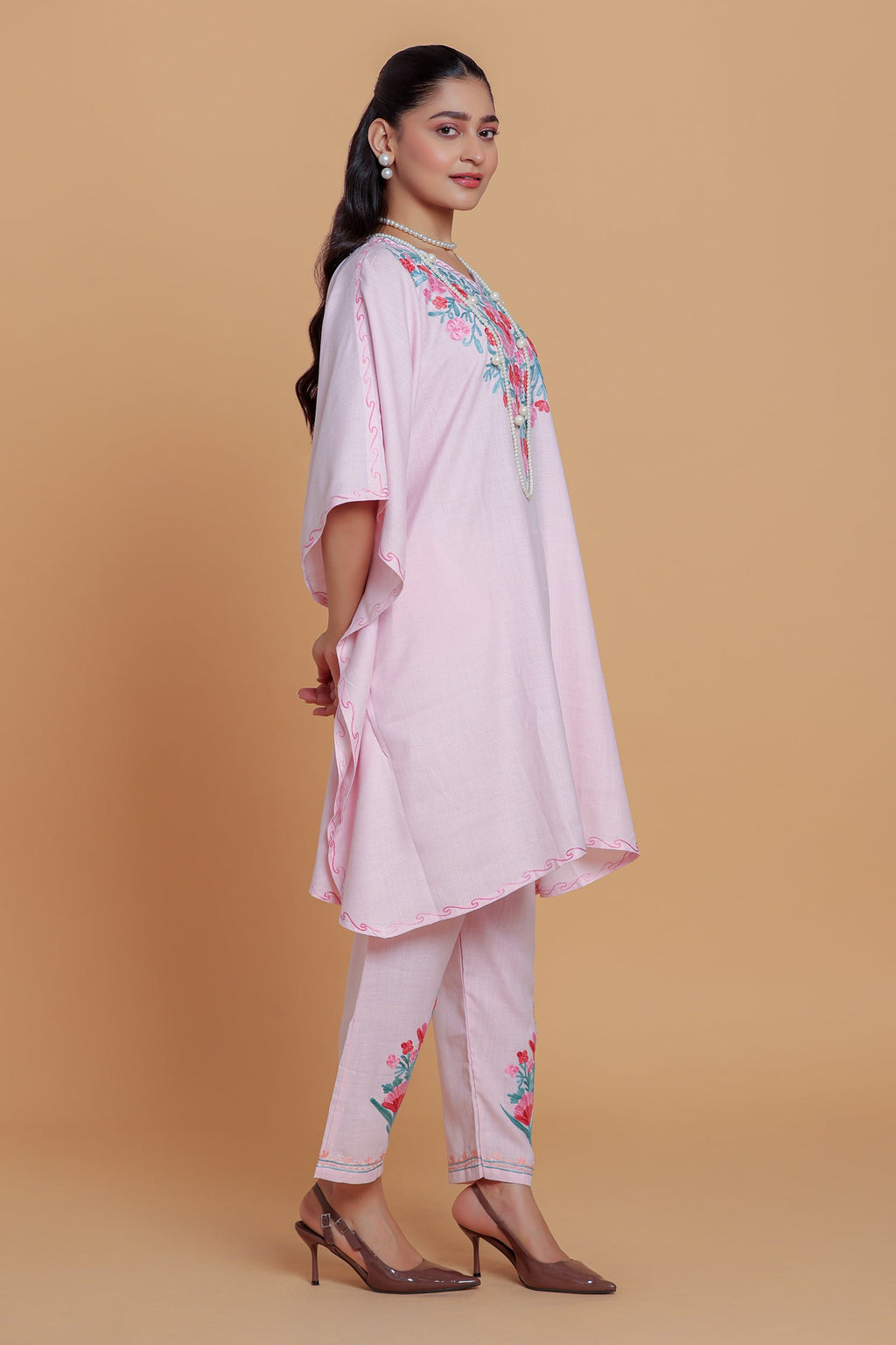 Cotton Kaftan Set in Kashmiri Aari - Pink