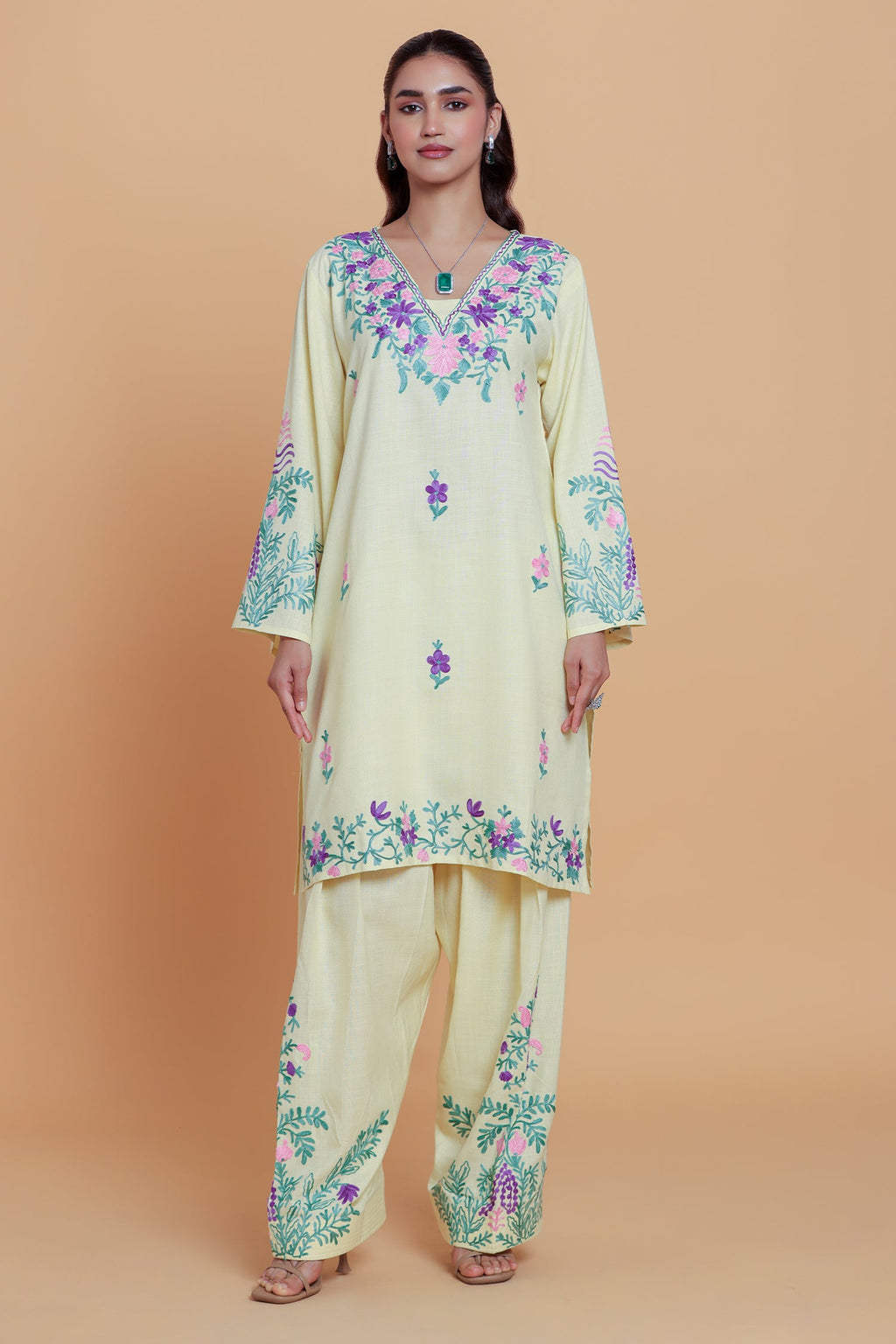 Neha x HOK in Cotton Kurta Set in Kashmiri Aari - Pastel Yellow