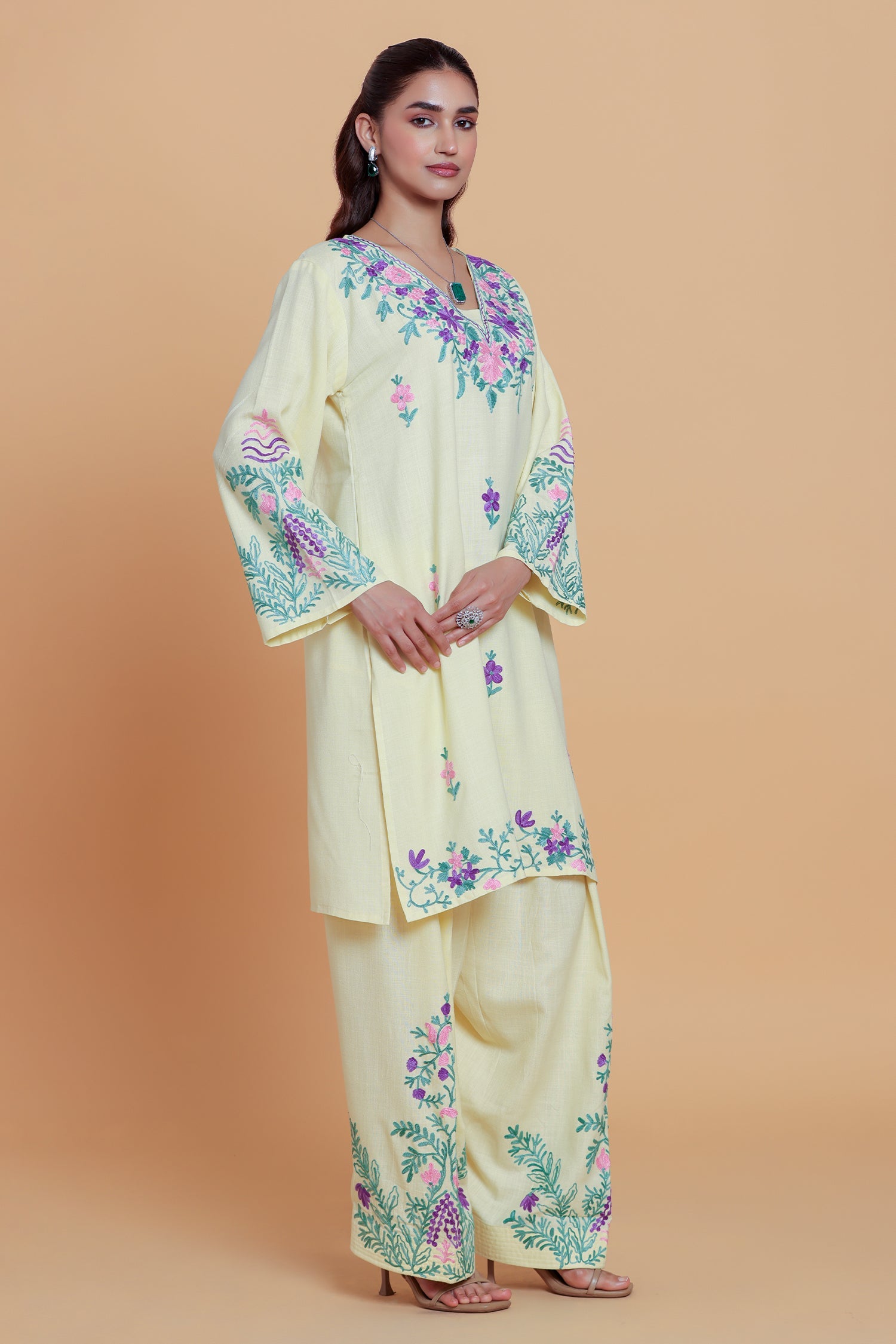 Neha x HOK in Cotton Kurta Set in Kashmiri Aari - Pastel Yellow