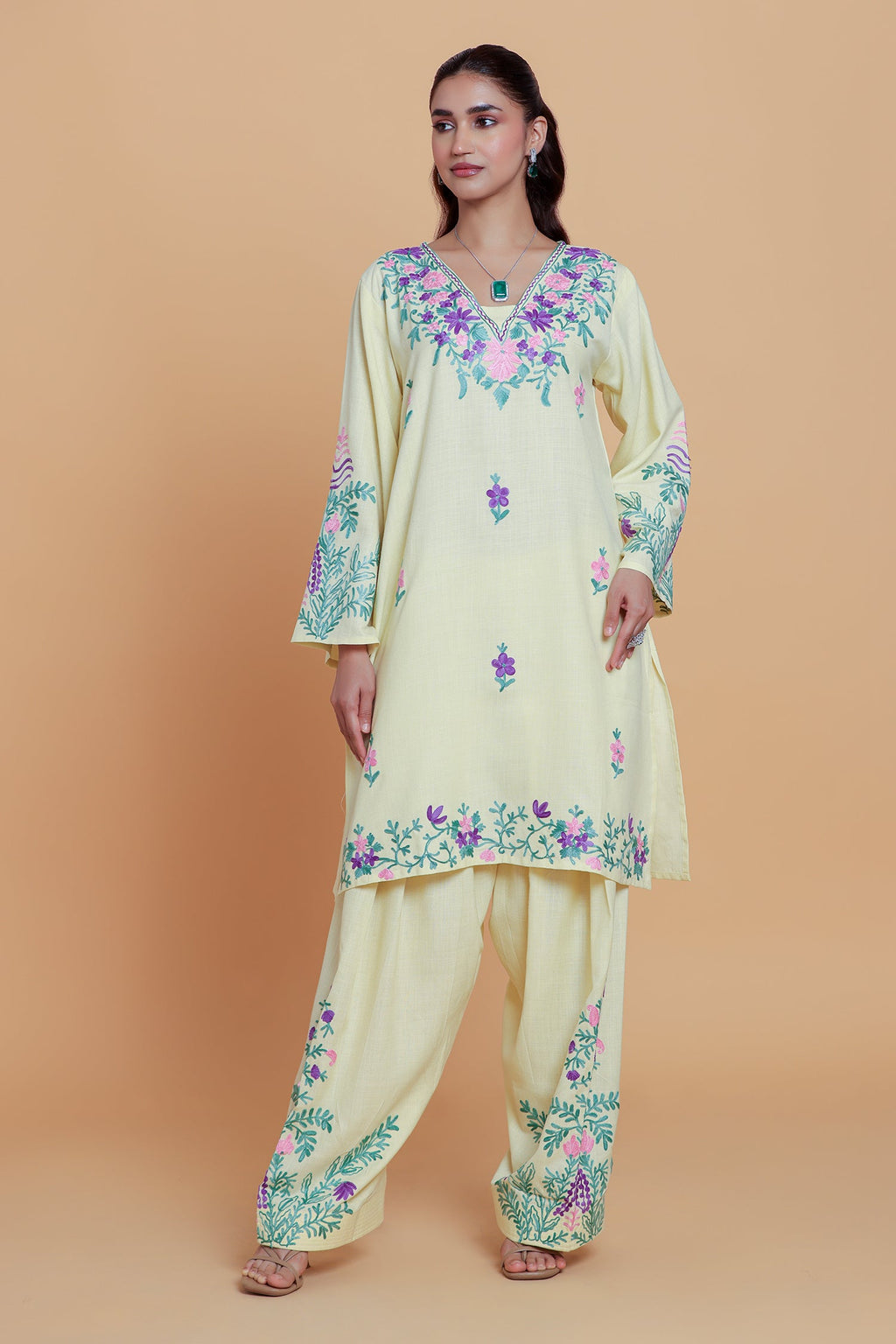 Neha x HOK in Cotton Kurta Set in Kashmiri Aari - Pastel Yellow