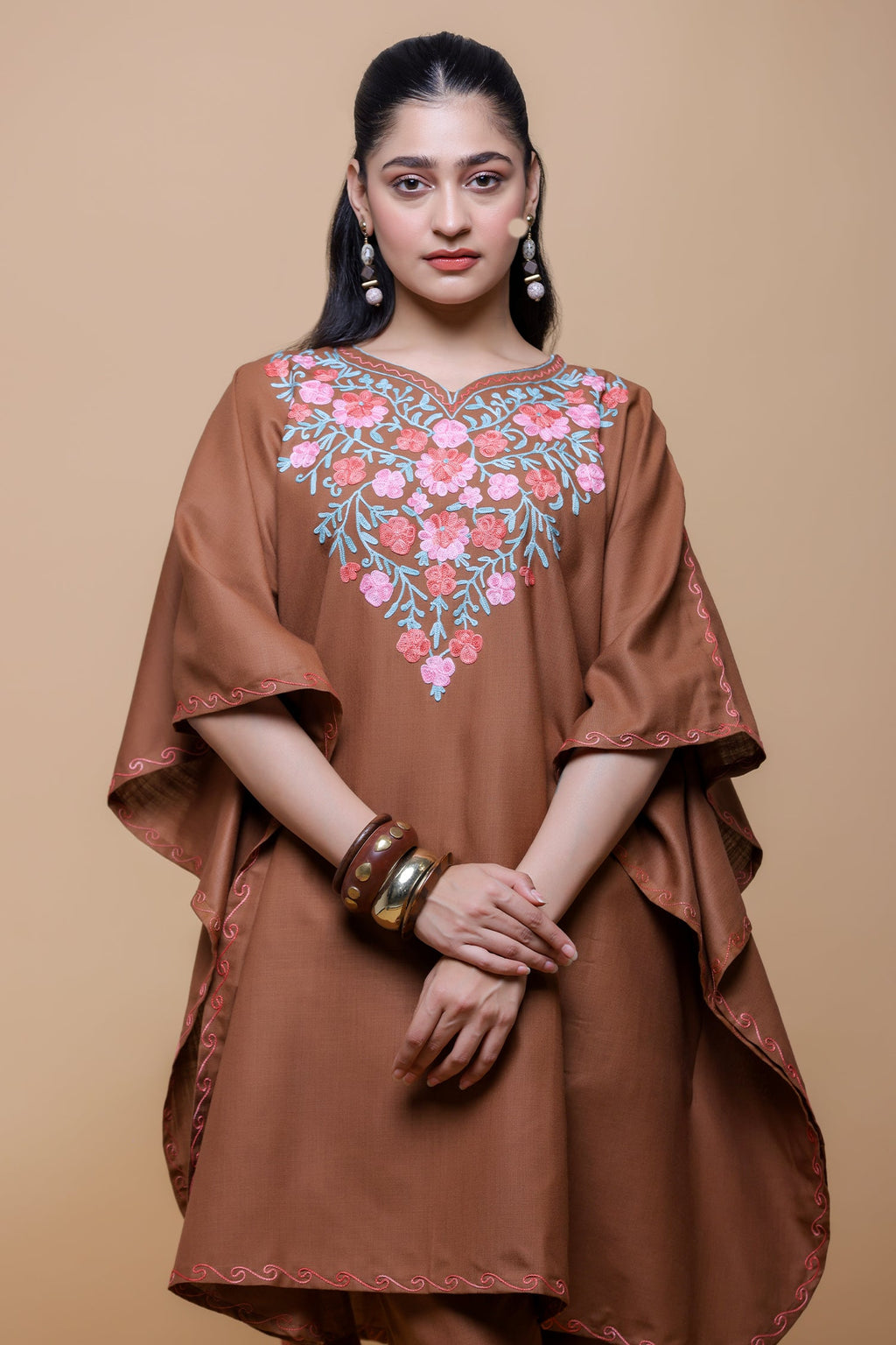 Cotton Kaftan Set in Kashmiri Aari - Brown