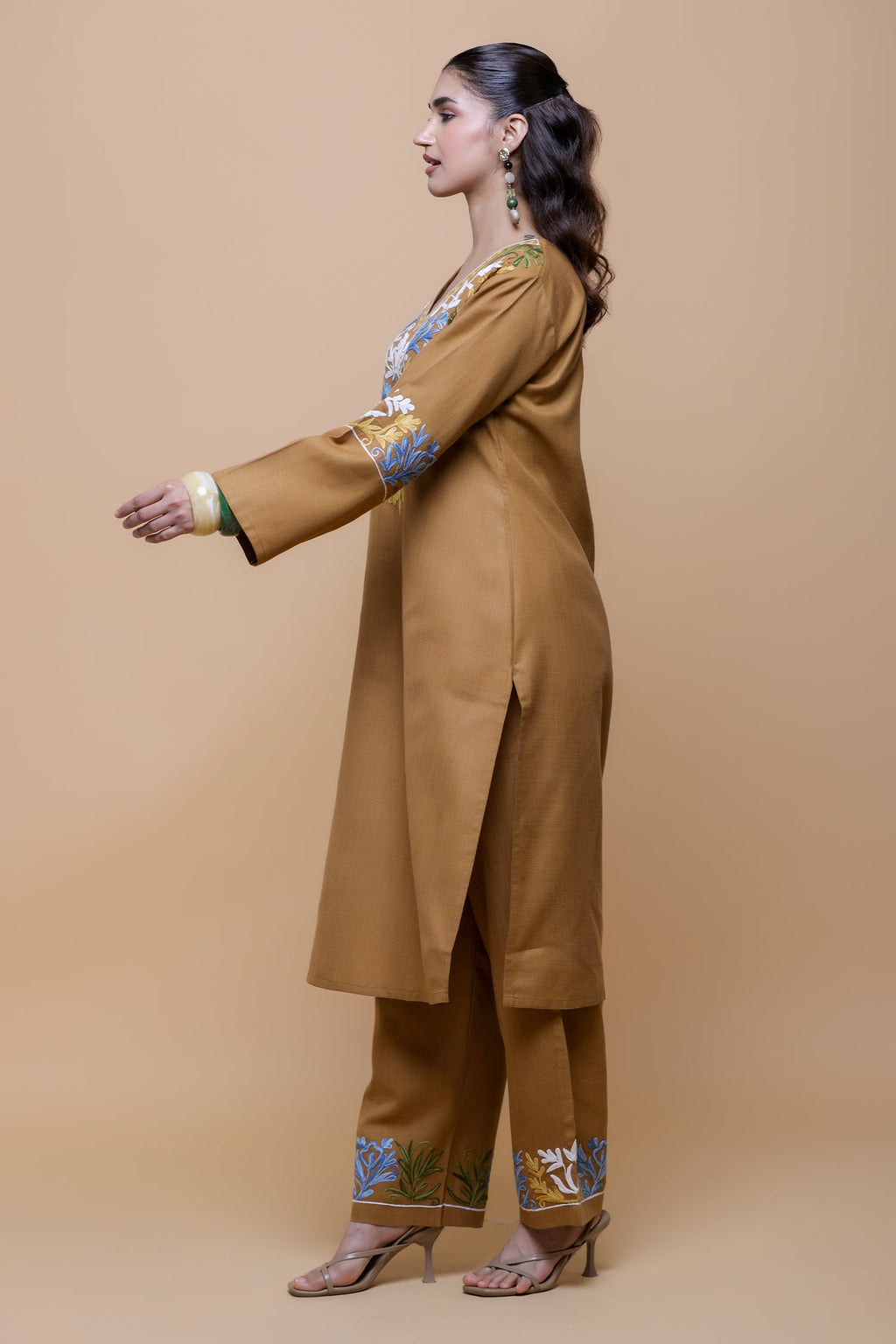 Cotton Kashmiri Aari  Kurta Set - Brown