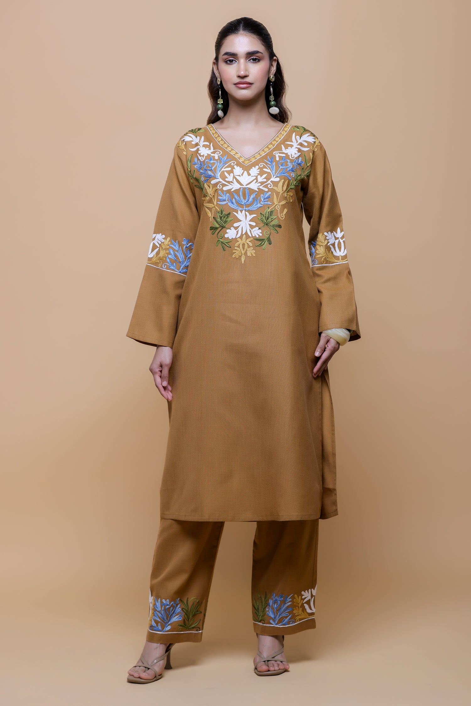 Cotton Kashmiri Aari  Kurta Set - Brown