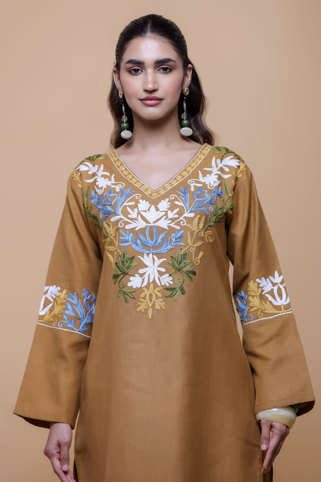 Cotton Kashmiri Aari  Kurta Set - Brown