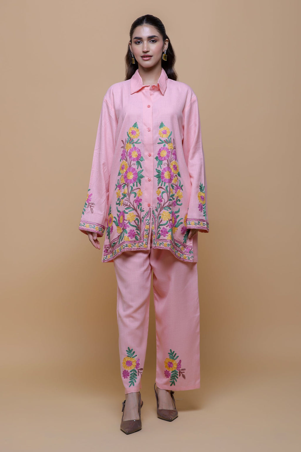 Cotton Kashmiri Aari  Shirt Set - Pink