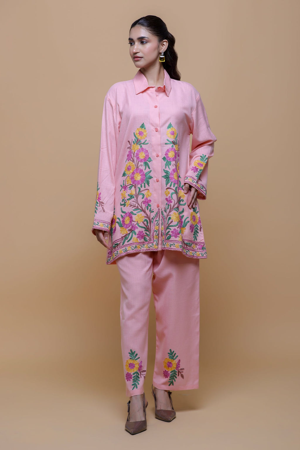 Cotton Kashmiri Aari  Shirt Set - Pink