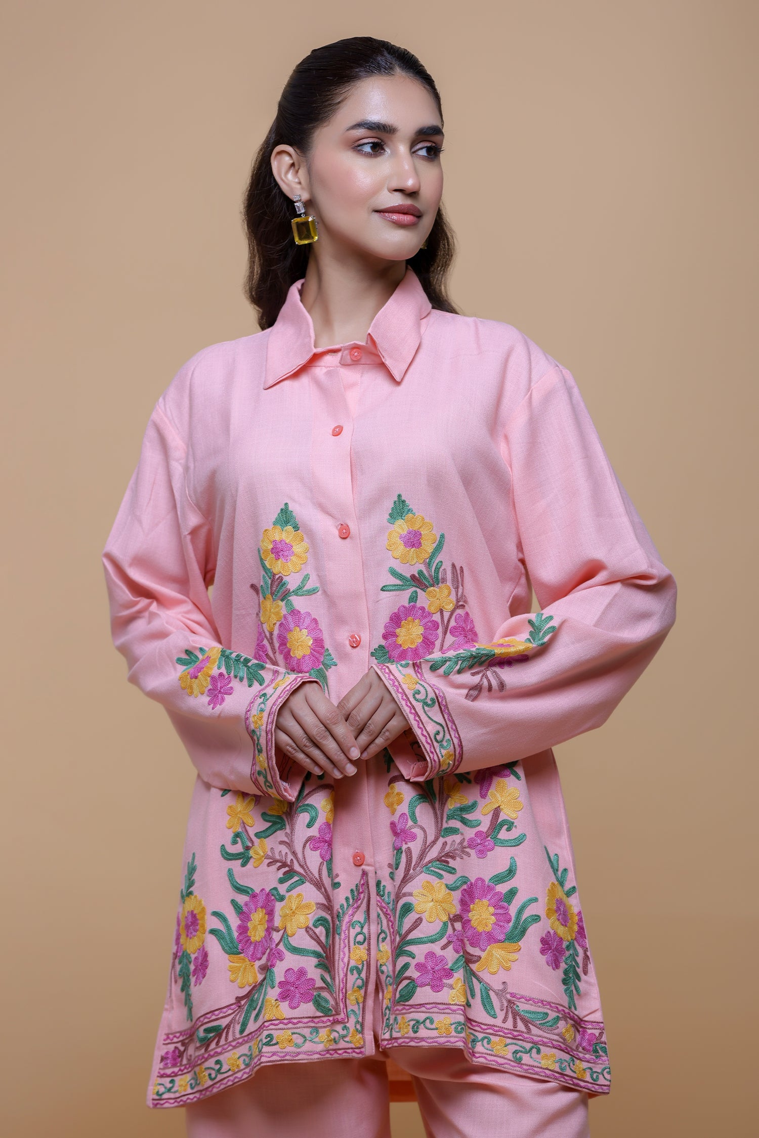 Cotton Kashmiri Aari  Shirt Set - Pink