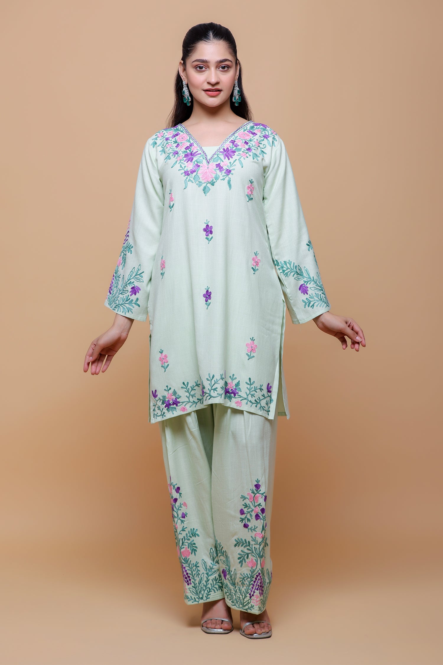 Priyanka x HOK in Cotton Kurta Set in Kashmiri Aari - Pastel Green