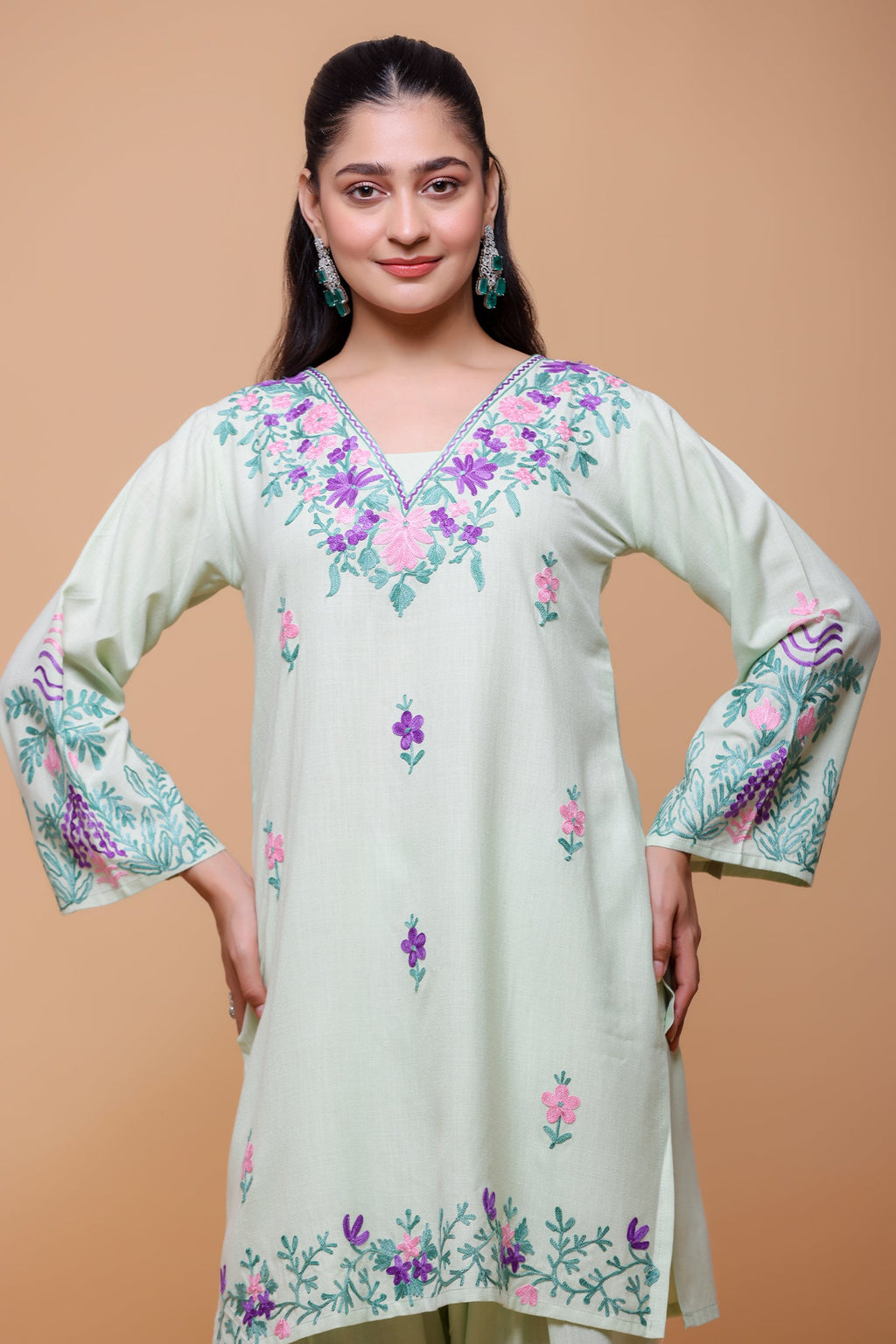 Priyanka x HOK in Cotton Kurta Set in Kashmiri Aari - Pastel Green