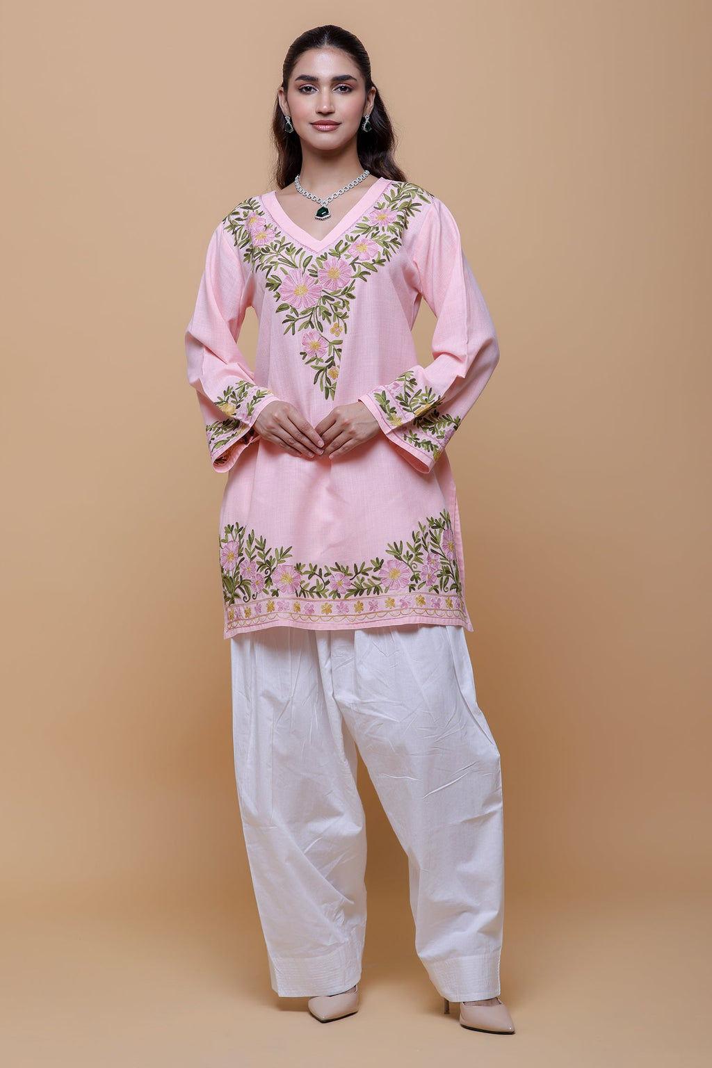Plus Size - Cotton Kashmiri Aari Short Kurta - Pink