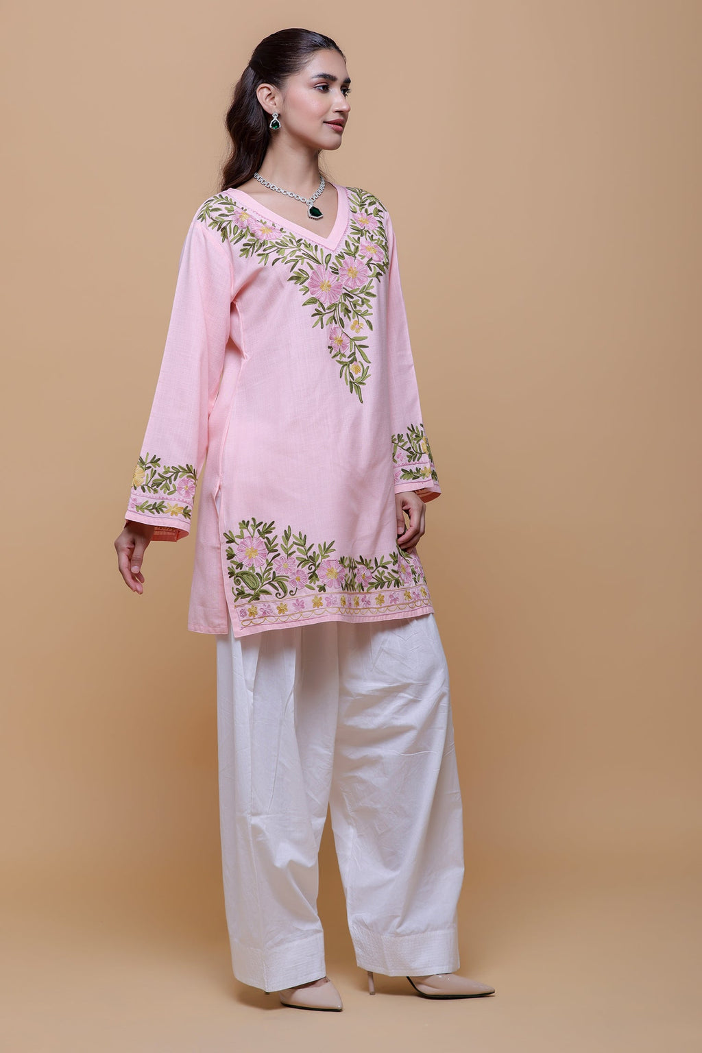Plus Size - Cotton Kashmiri Aari Short Kurta - Pink