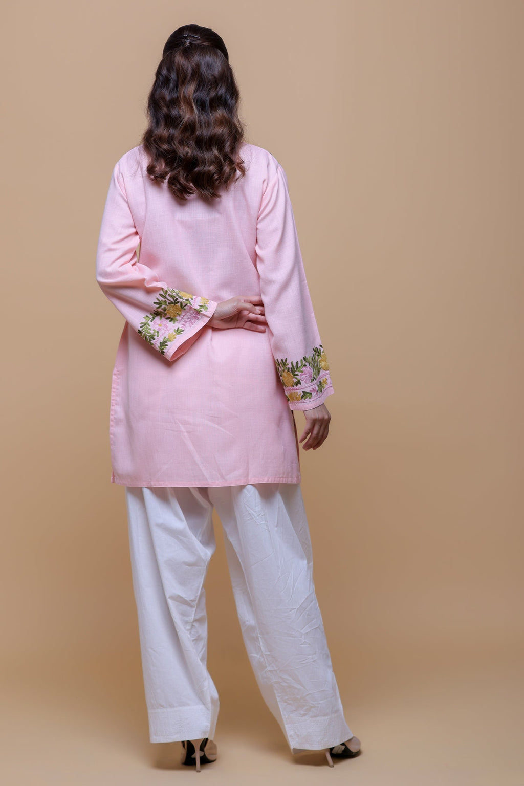 Plus Size - Cotton Kashmiri Aari Short Kurta - Pink