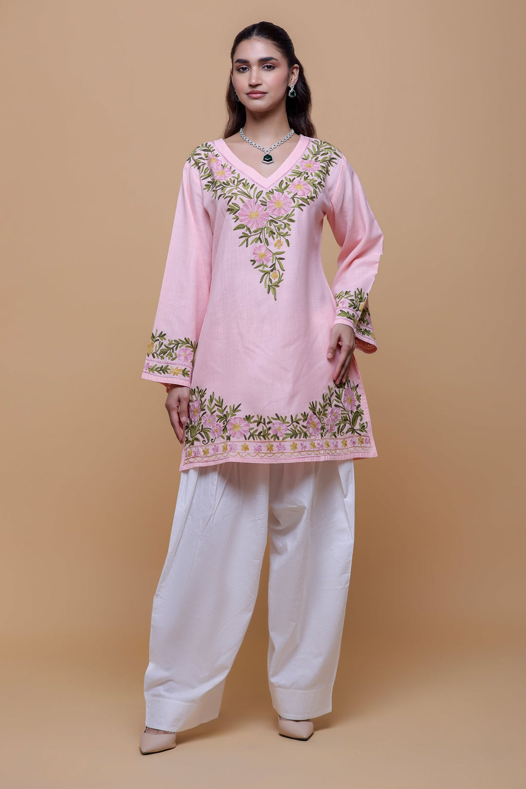 Plus Size - Cotton Kashmiri Aari Short Kurta - Pink