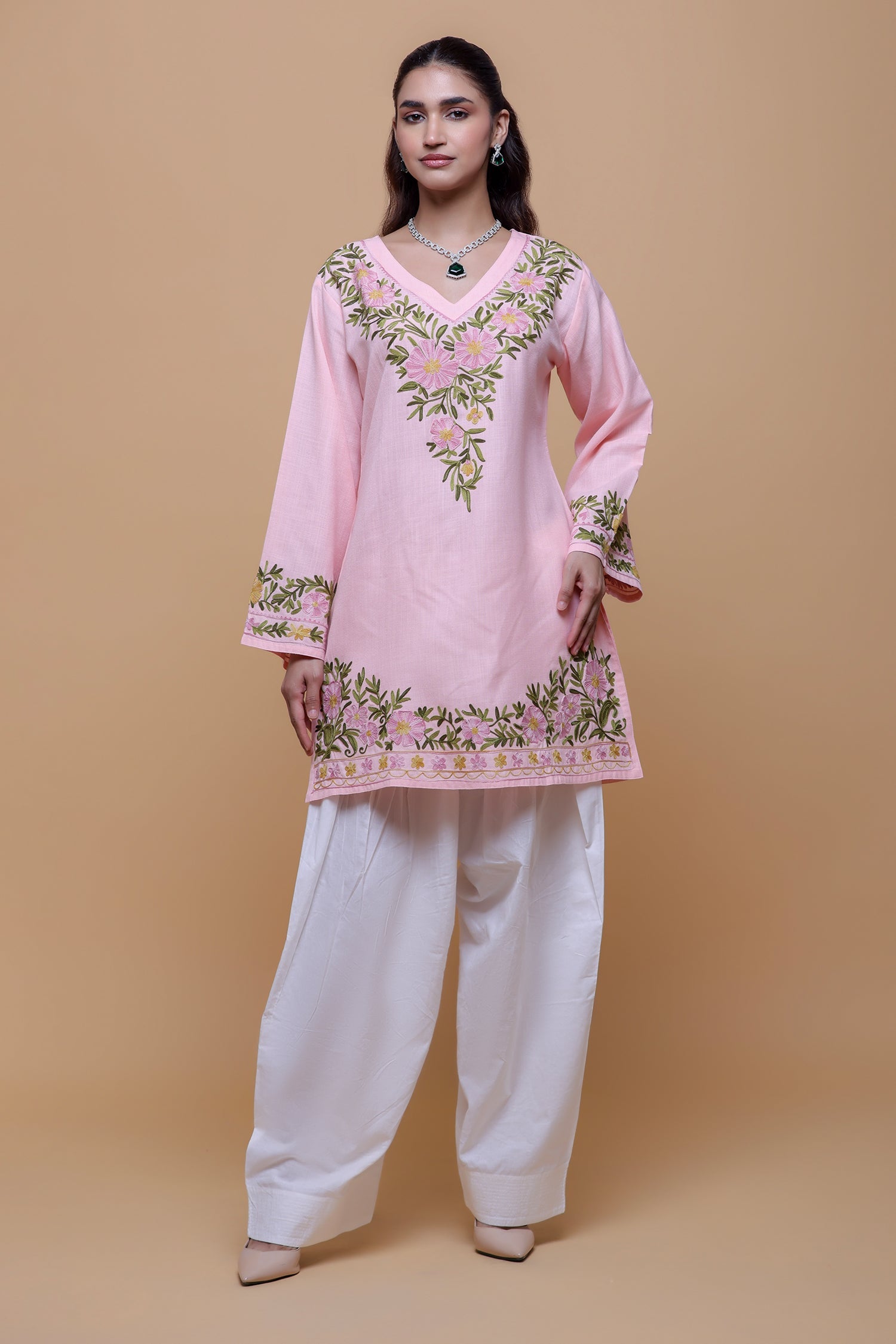 Plus Size - Cotton Kashmiri Aari Short Kurta - Pink