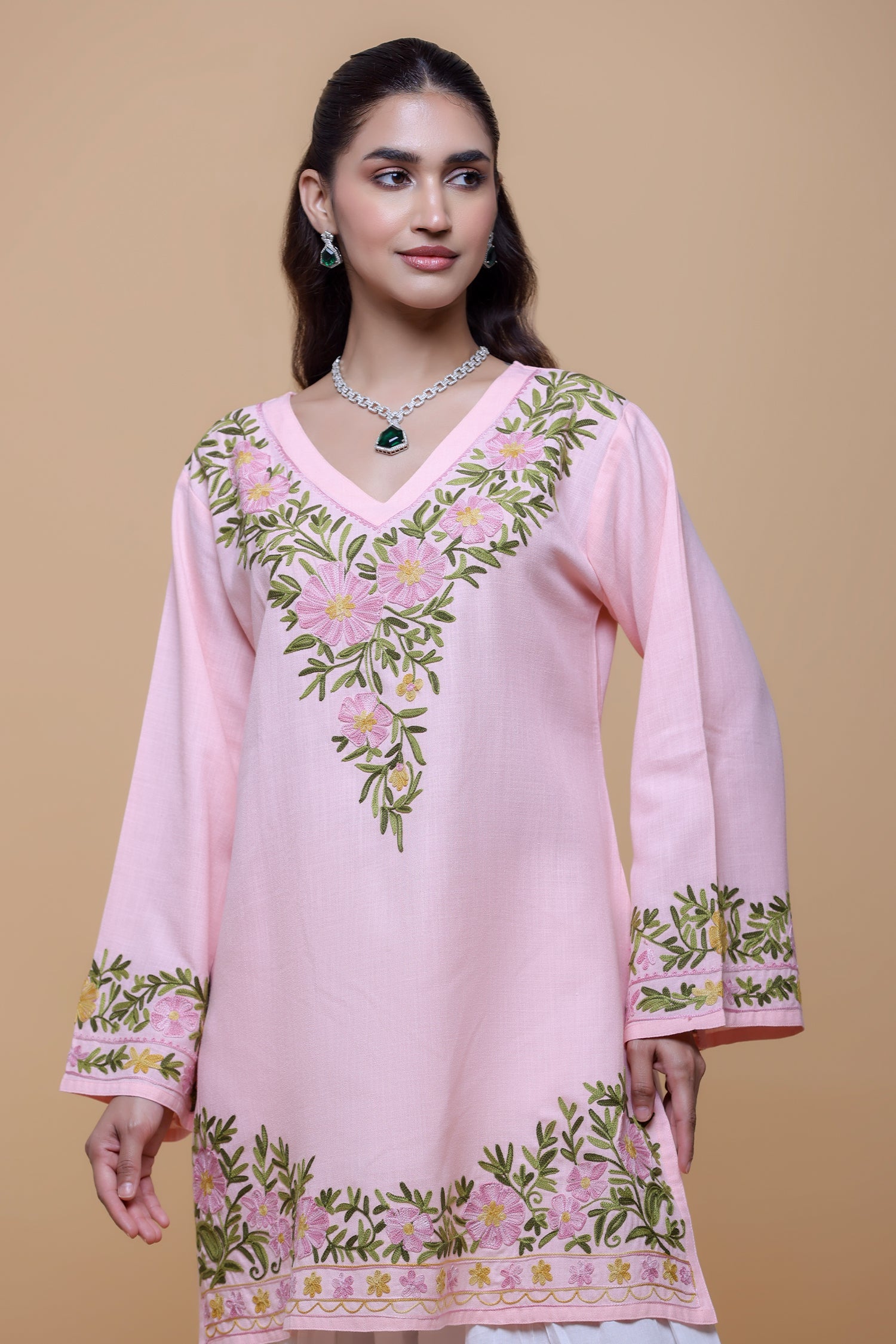 Plus Size - Cotton Kashmiri Aari Short Kurta - Pink