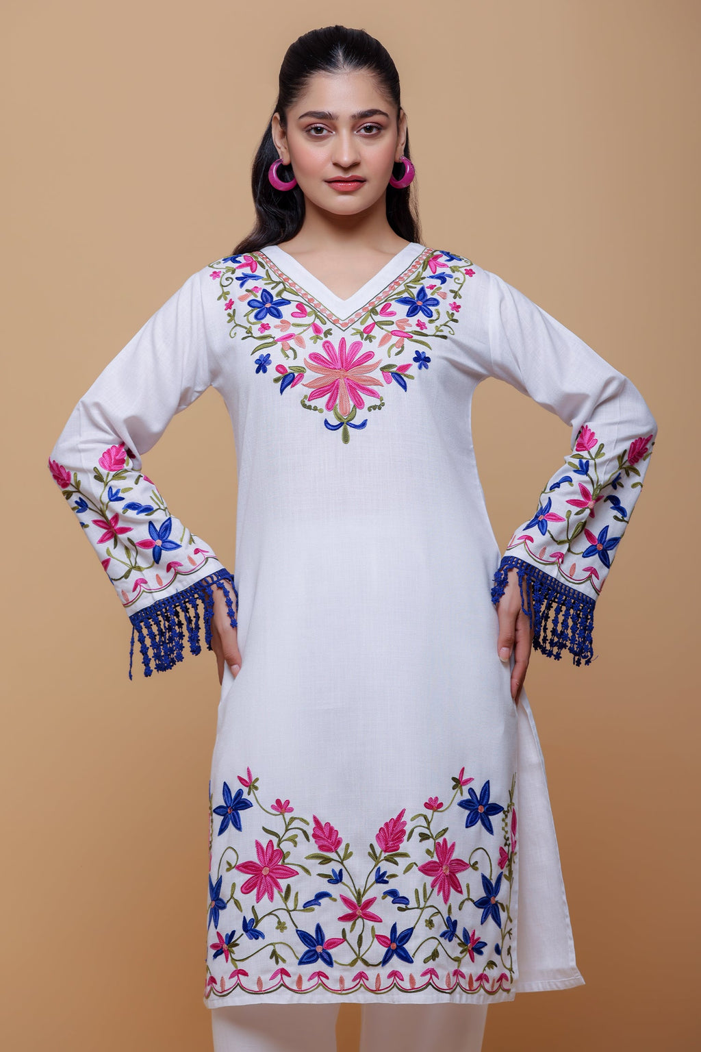 Cotton Kashmiri Aari Long Kurta - White