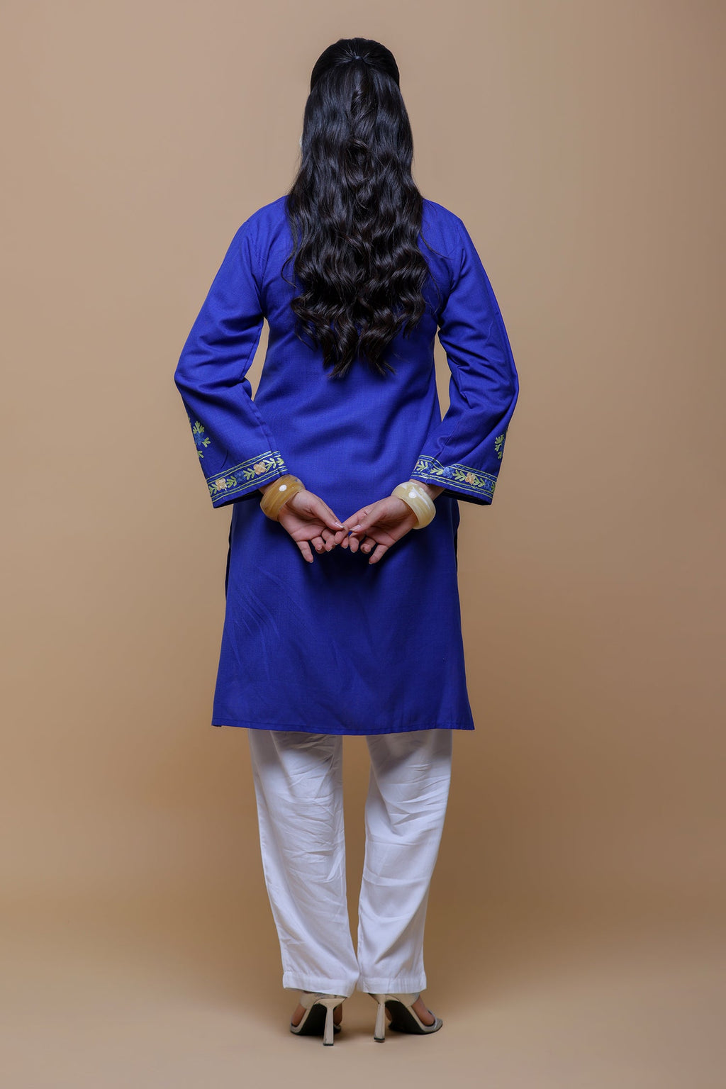 Cotton Long Kurta in Kashmiri Aari - Blue