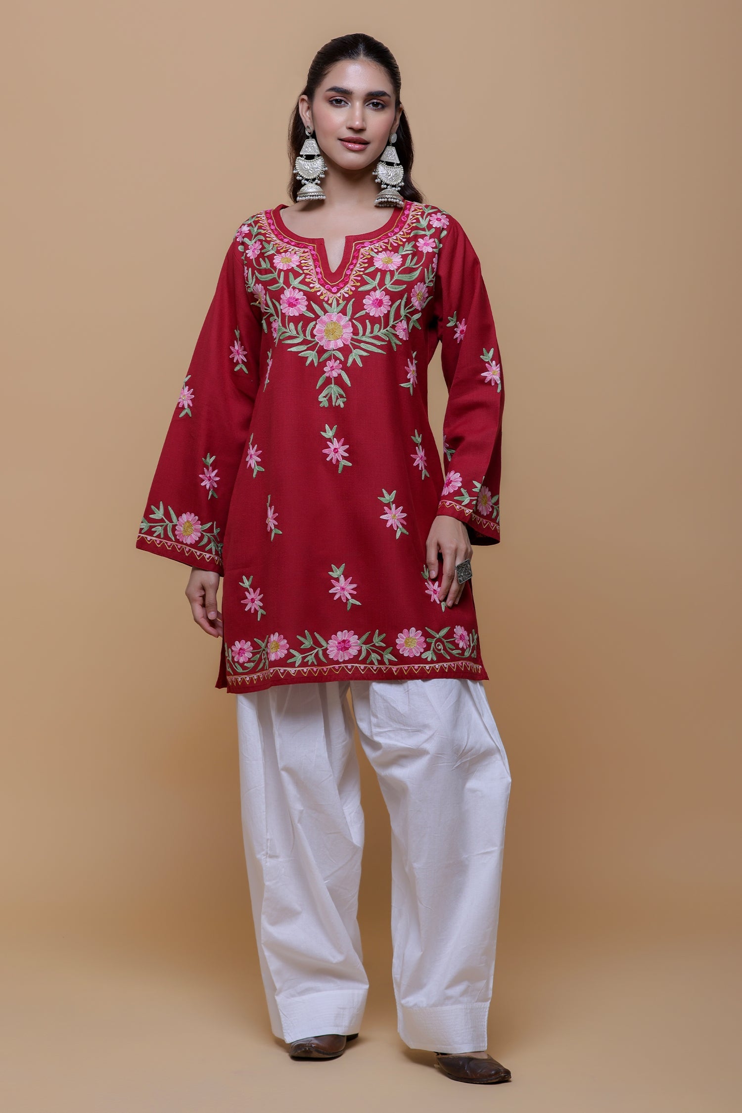Plus Size - Cotton Kashmiri Aari Short Kurta - Maroon