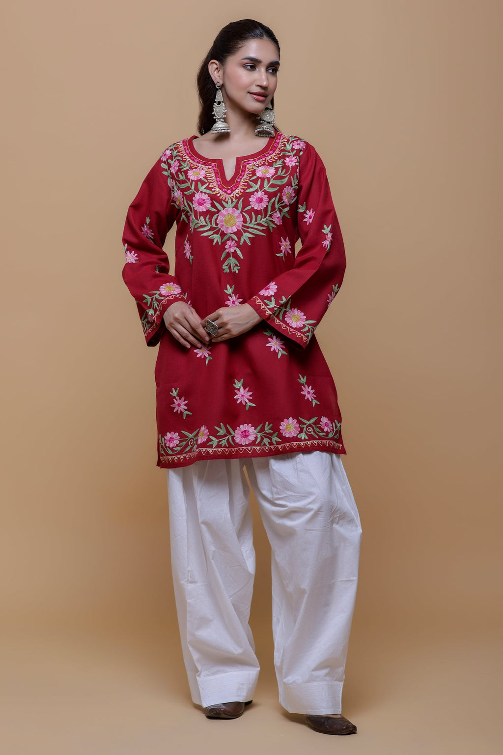 Plus Size - Cotton Kashmiri Aari Short Kurta - Maroon