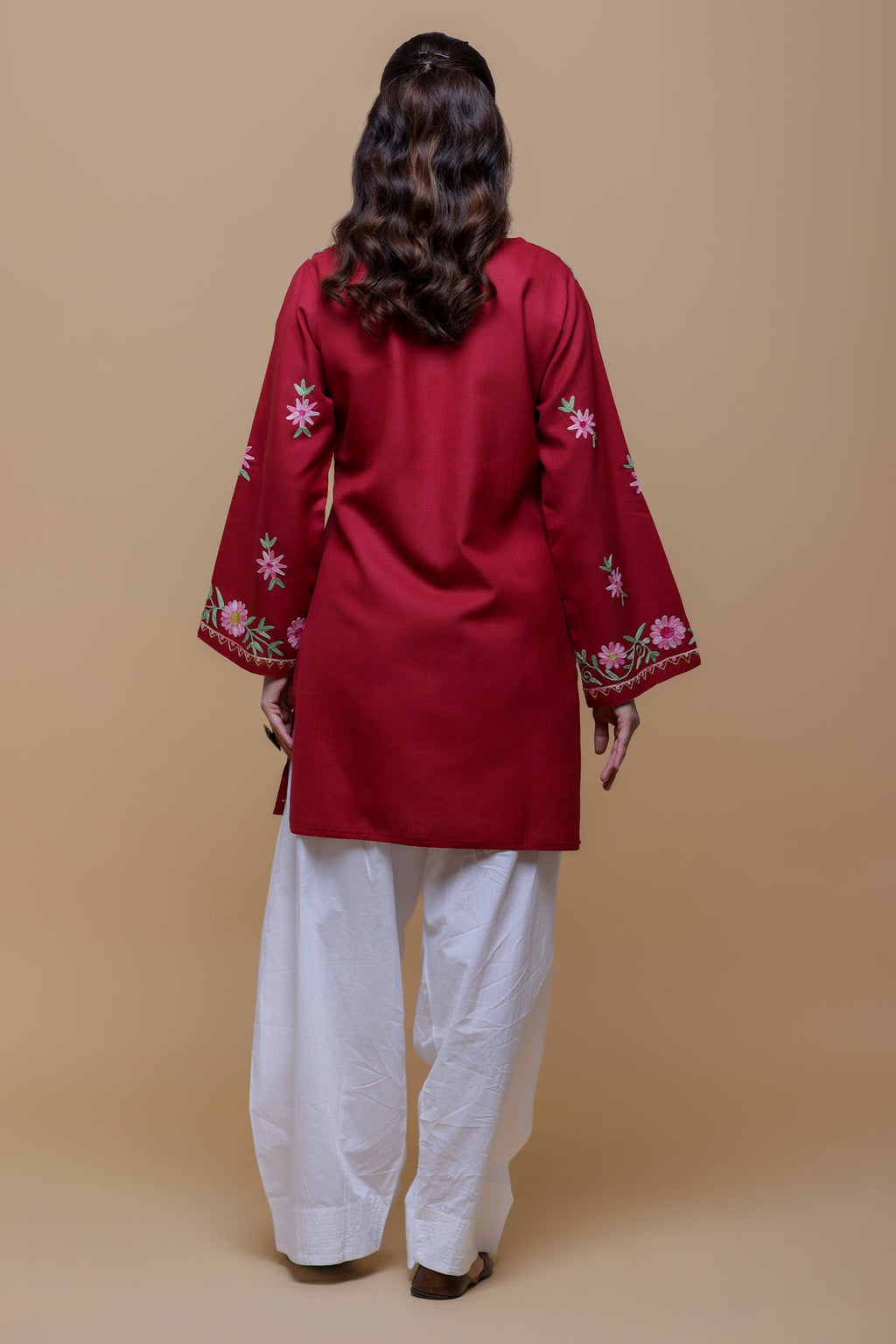 Plus Size - Cotton Kashmiri Aari Short Kurta - Maroon
