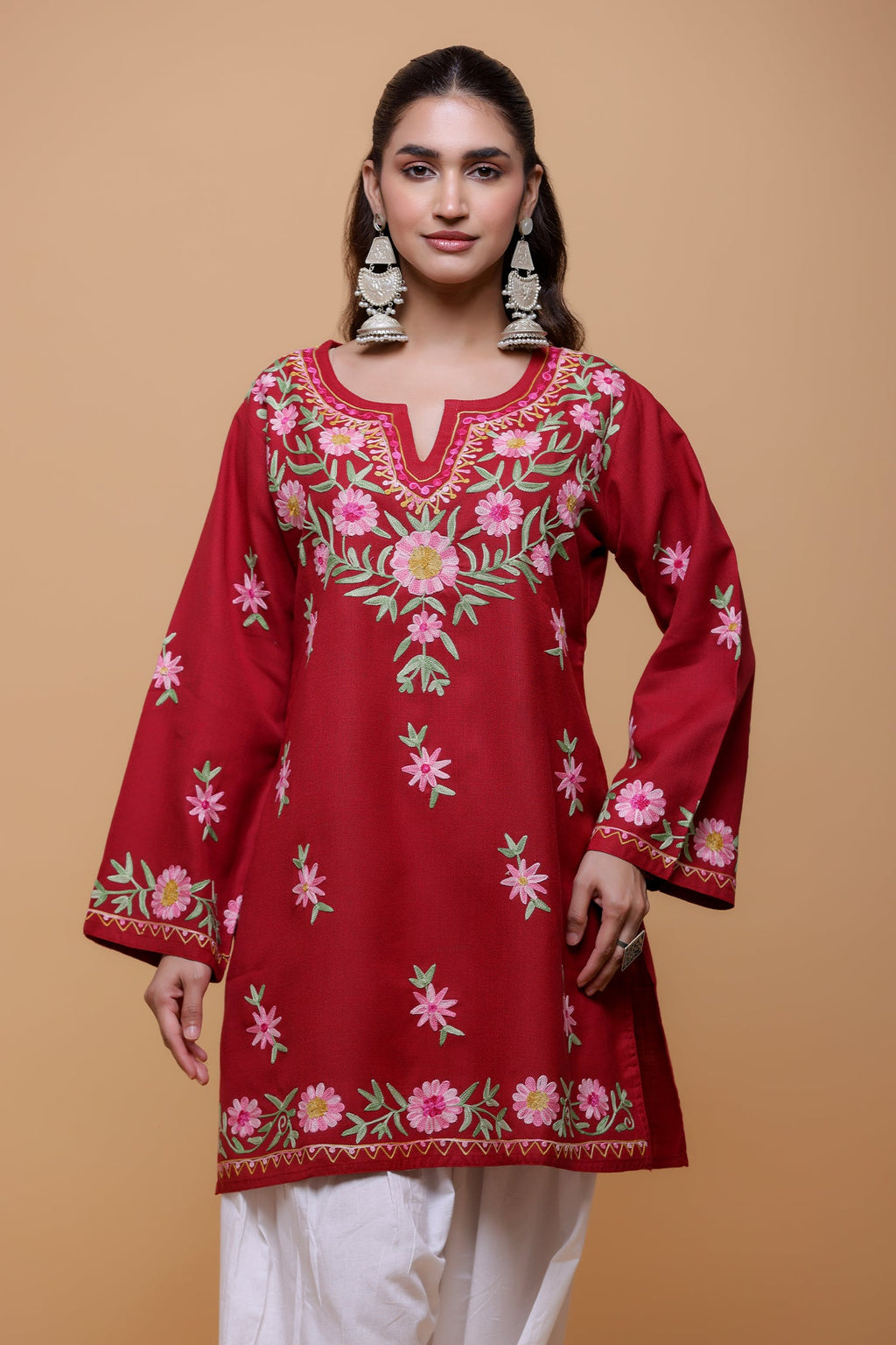 Plus Size - Cotton Kashmiri Aari Short Kurta - Maroon