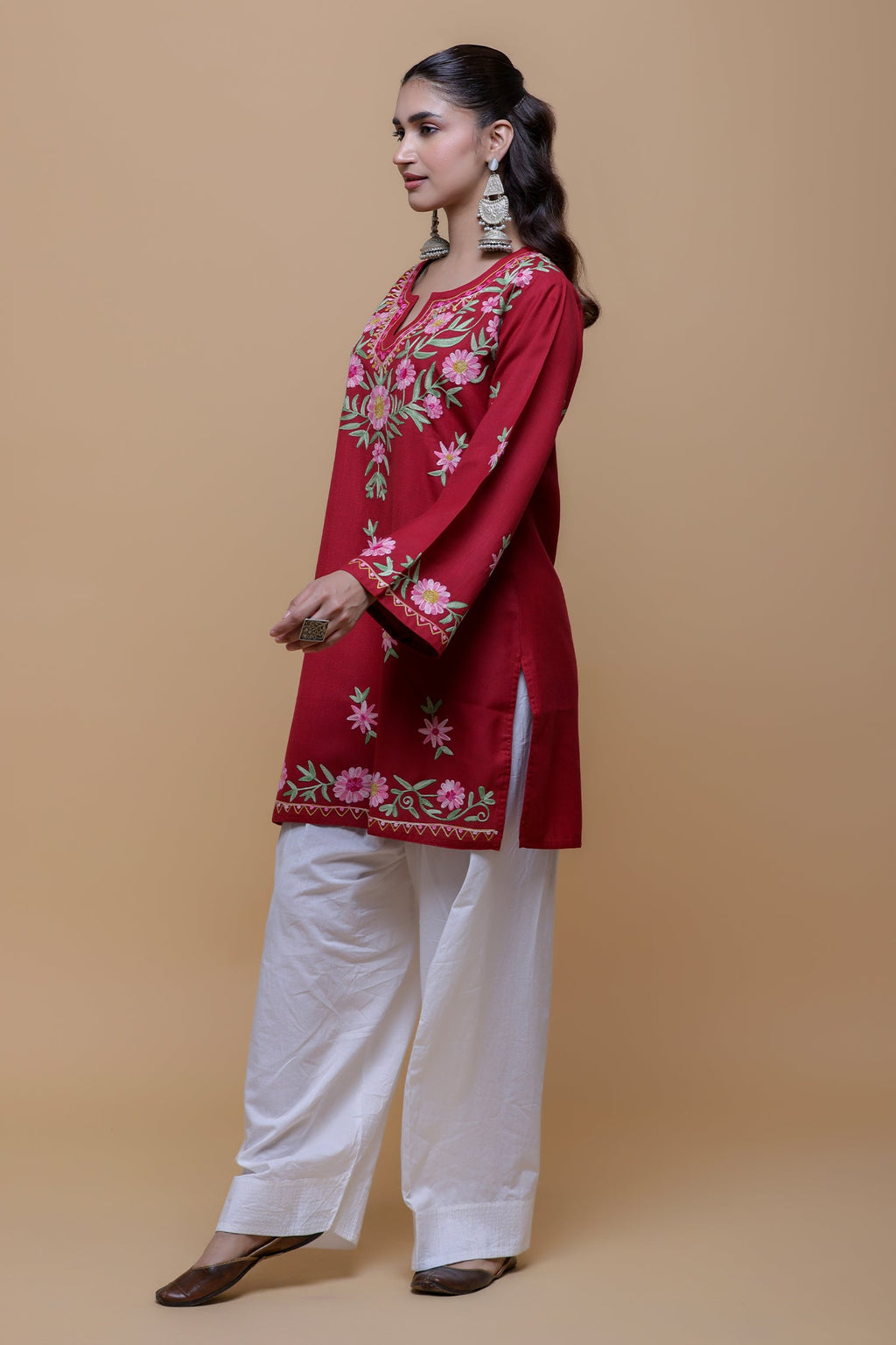Plus Size - Cotton Kashmiri Aari Short Kurta - Maroon