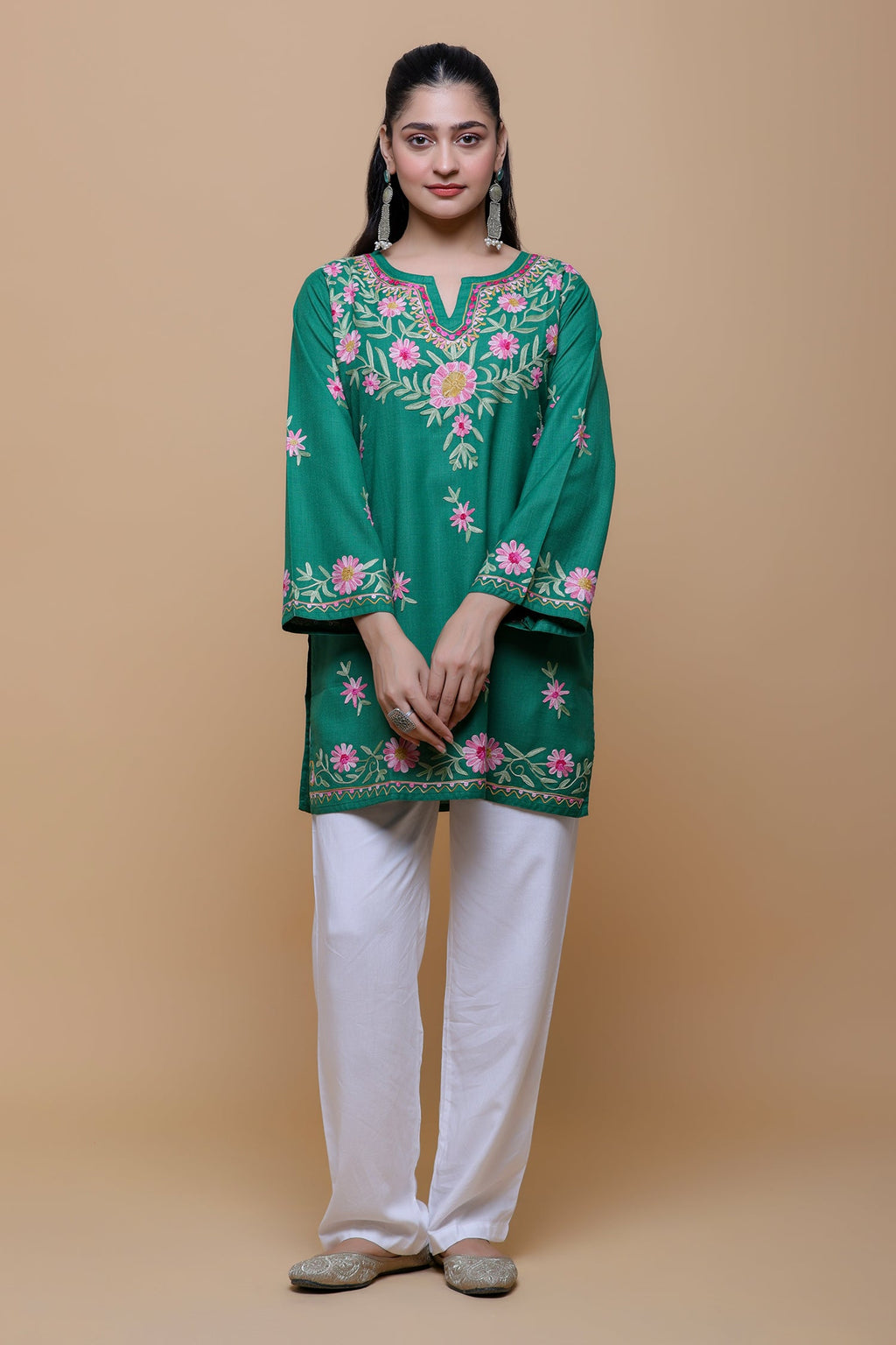 Cotton Kashmiri Aari Short Kurta - Green