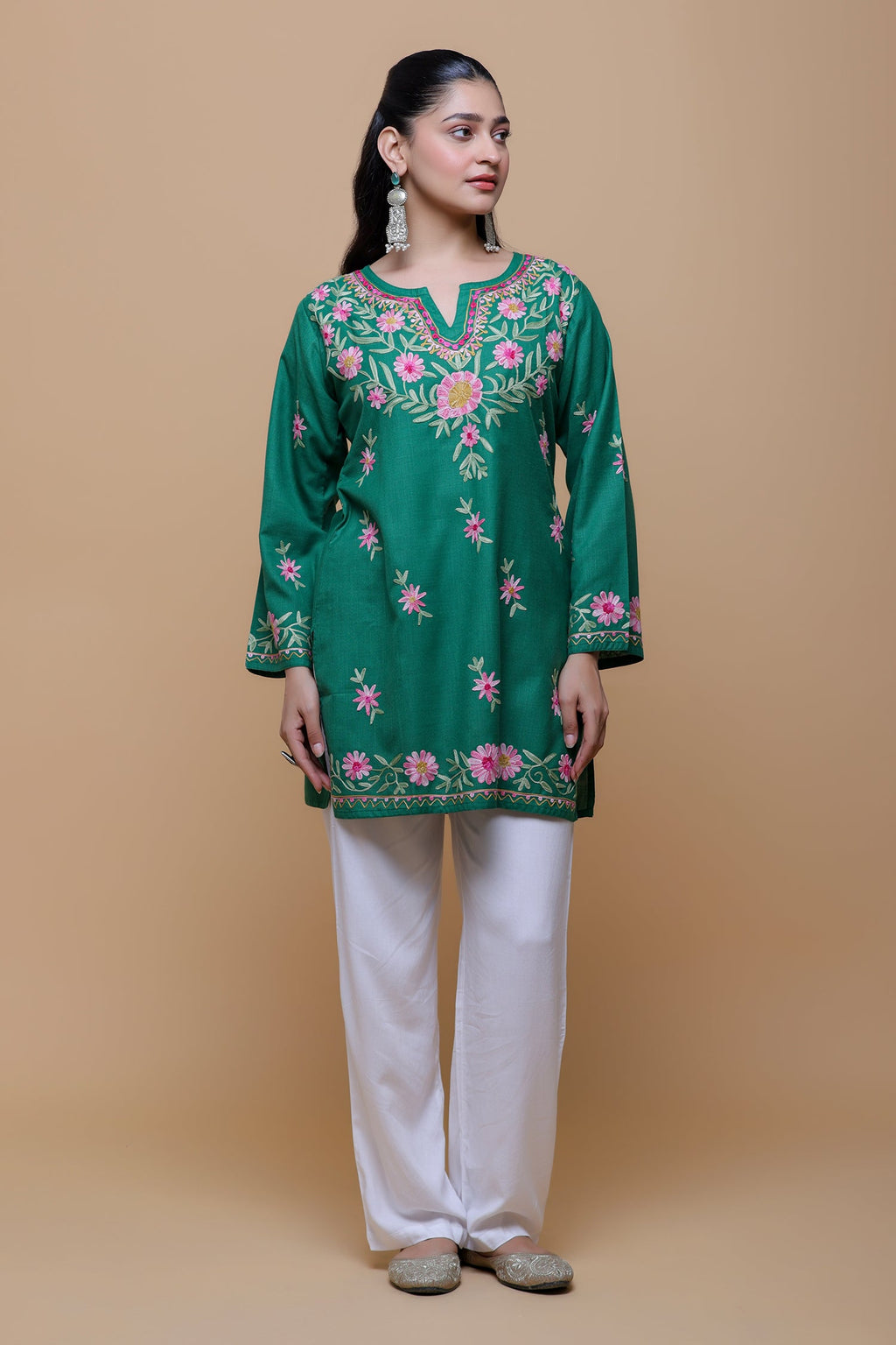 Cotton Kashmiri Aari Short Kurta - Green