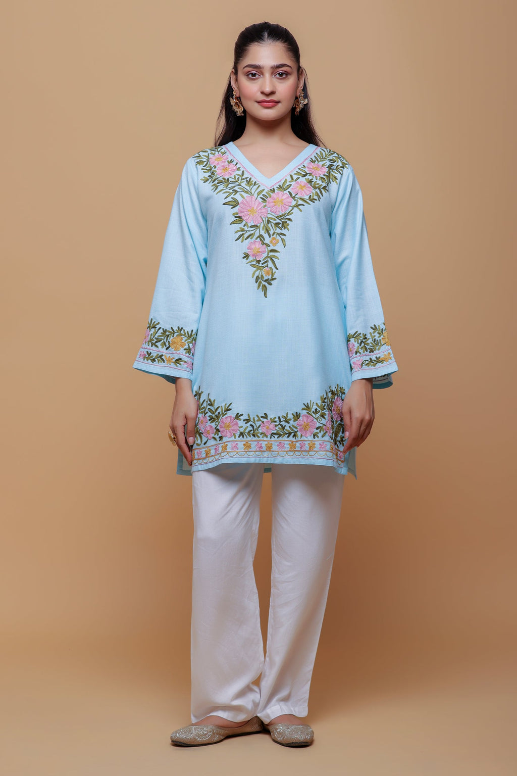 Plus Size - Cotton Kashmiri Aari Short Kurta - Light Blue