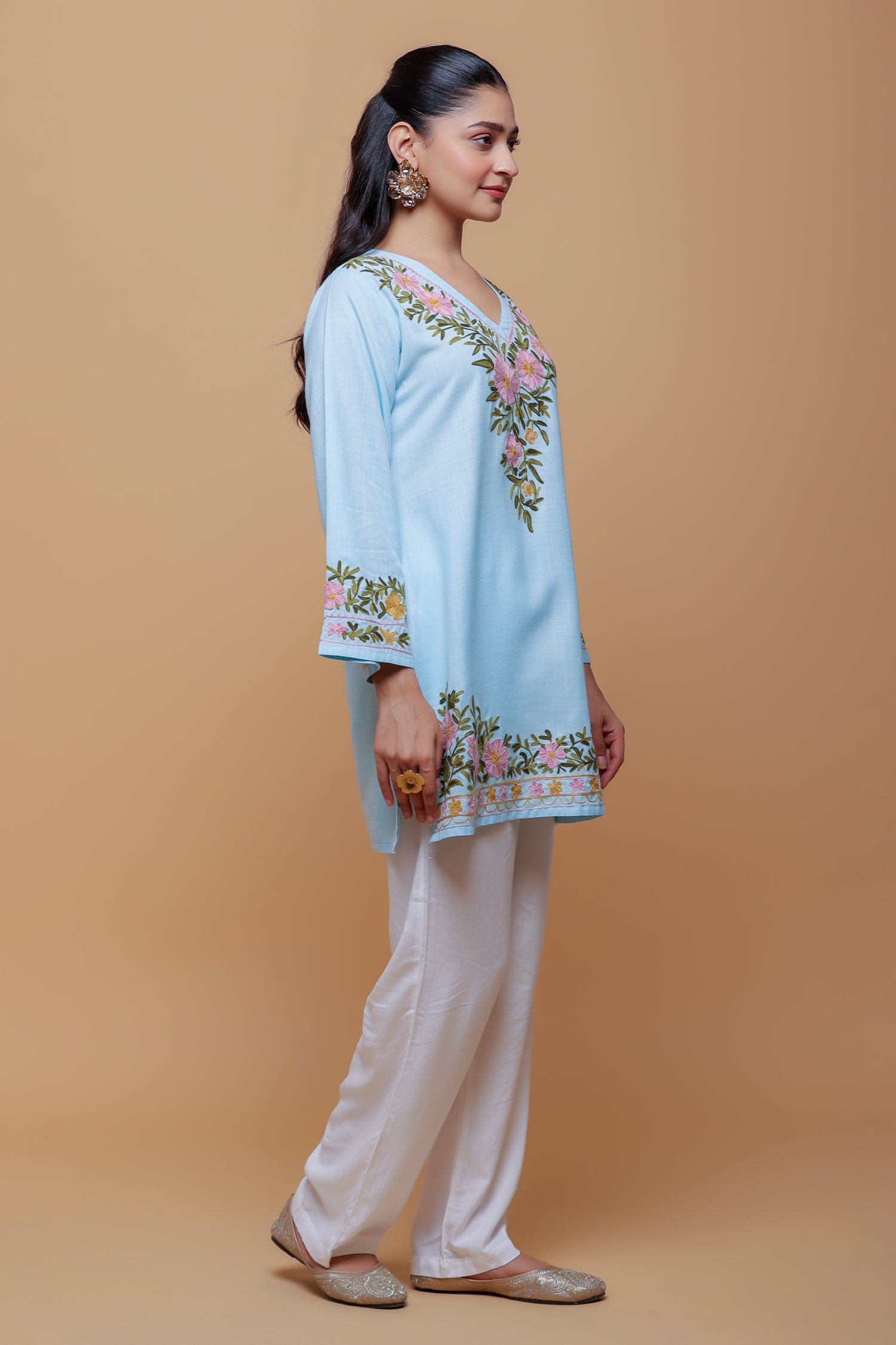 Plus Size - Cotton Kashmiri Aari Short Kurta - Light Blue