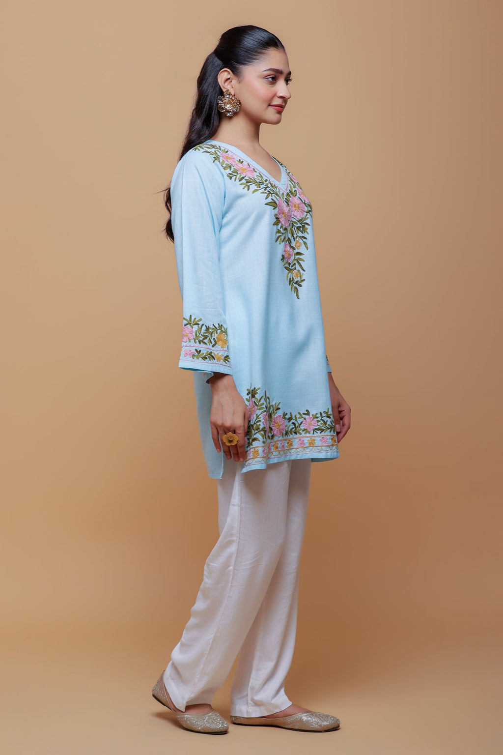 Priyanka x HOK in Cotton Kashmiri Aari Short Kurta - Light Blue