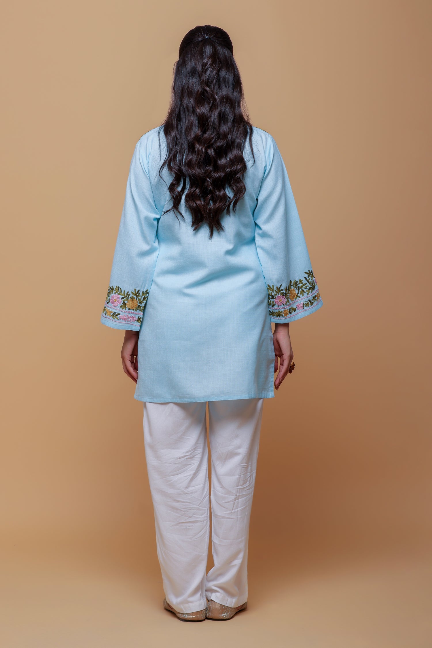Plus Size - Cotton Kashmiri Aari Short Kurta - Light Blue