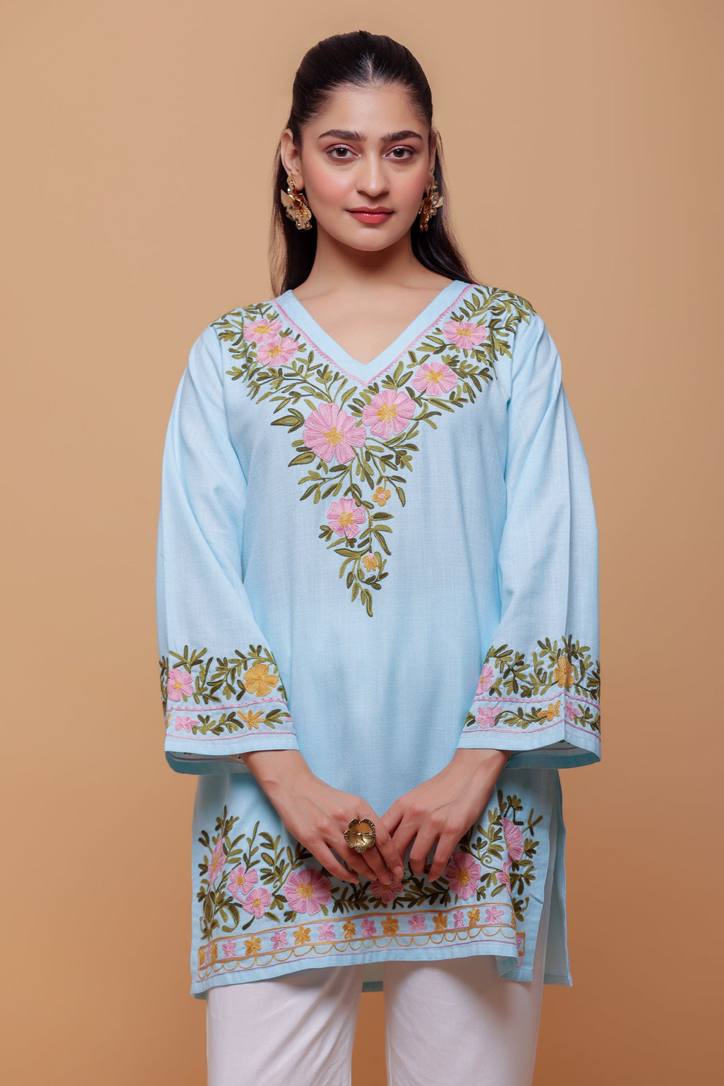Plus Size - Cotton Kashmiri Aari Short Kurta - Light Blue