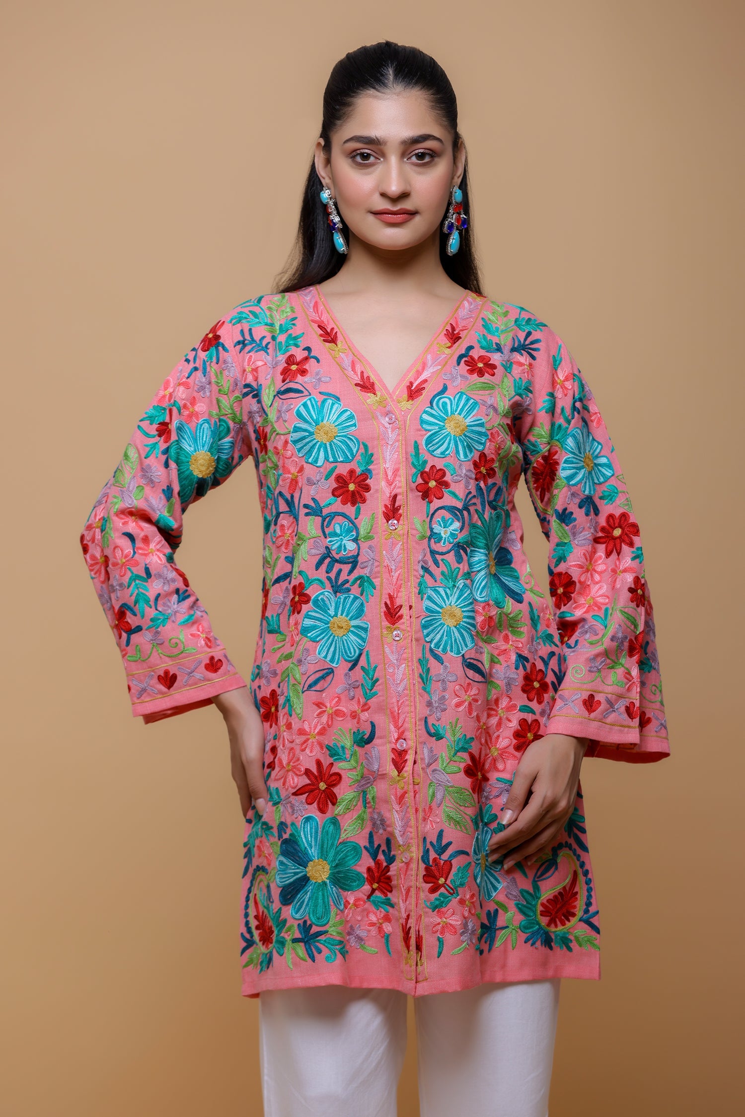 Cotton Kashmiri Aari Jacket - Pink