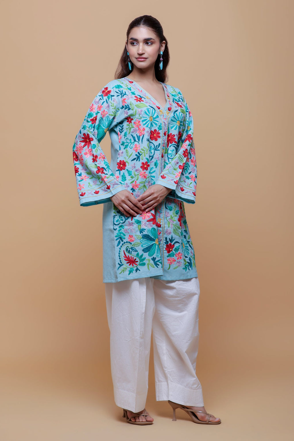 Cotton Kashmiri Aari Jacket - Sky Blue