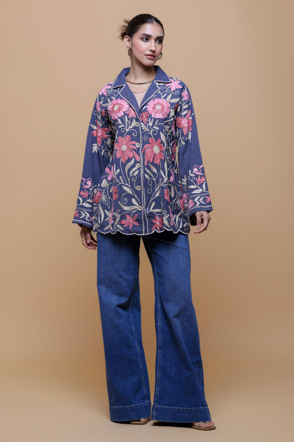 Denim Cotton Kashmiri Aari Short Jacket