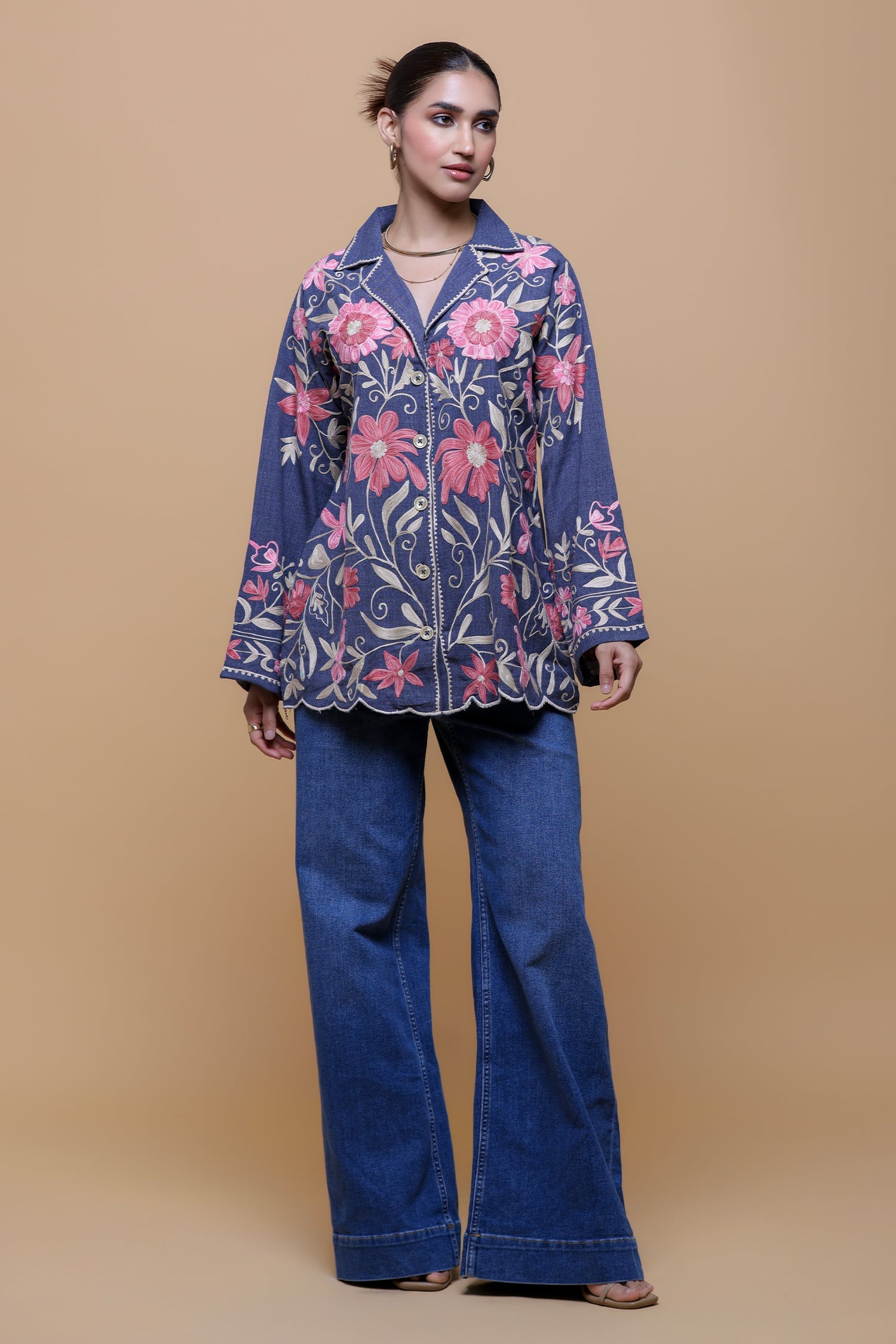 Plus Size - Denim Cotton Kashmiri Aari Short Jacket