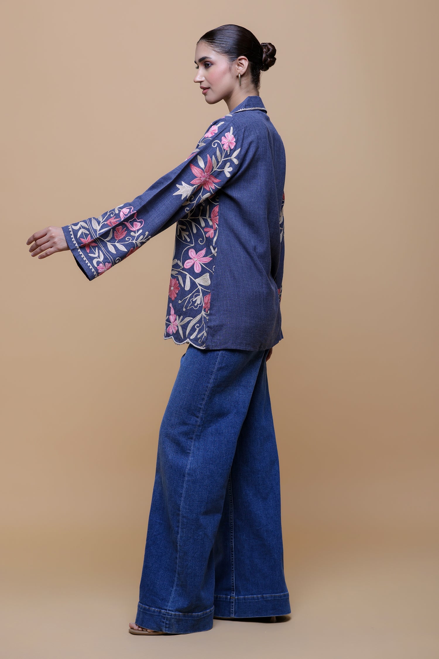 Plus Size - Denim Cotton Kashmiri Aari Short Jacket