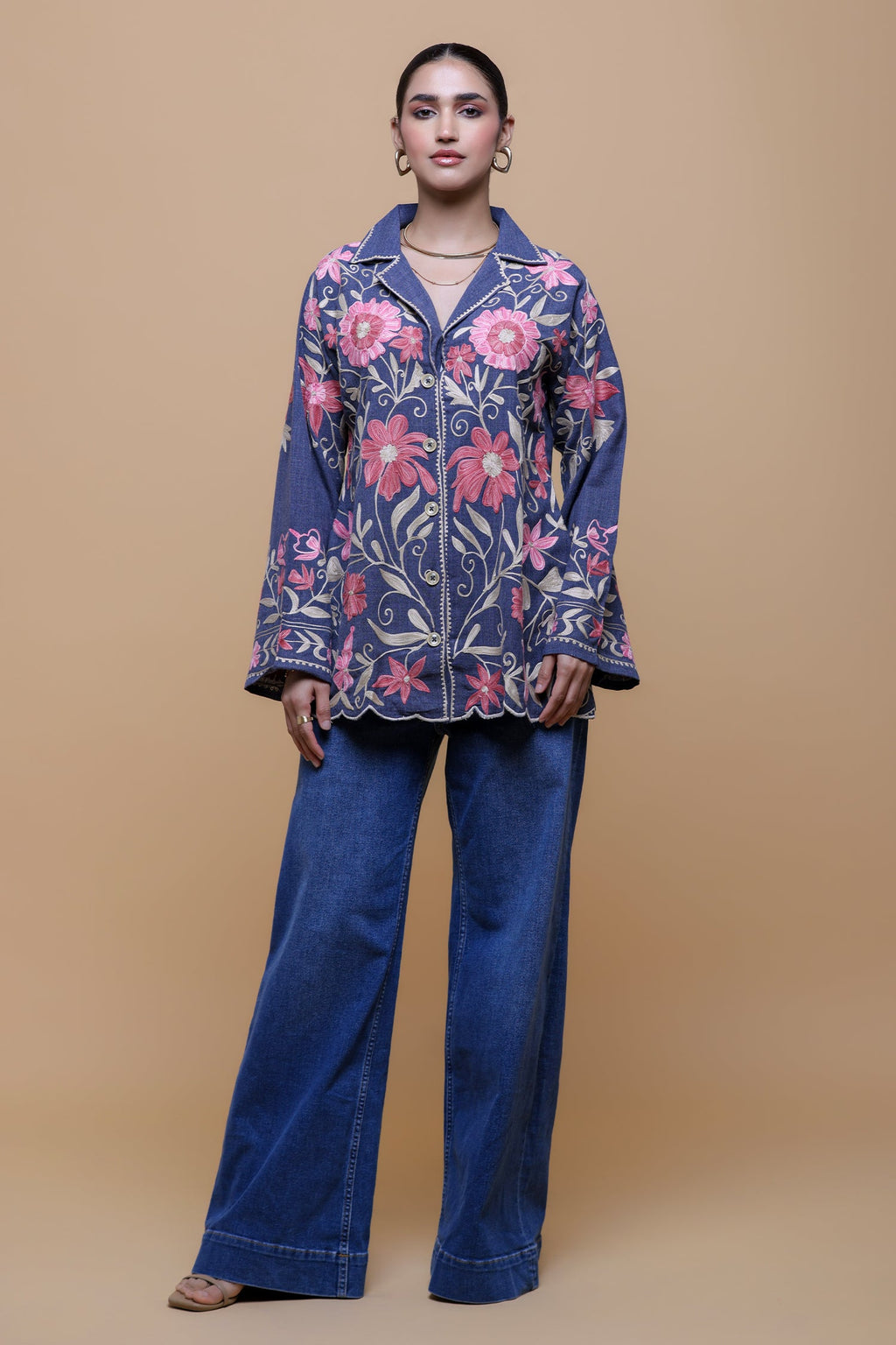 Plus Size - Denim Cotton Kashmiri Aari Short Jacket