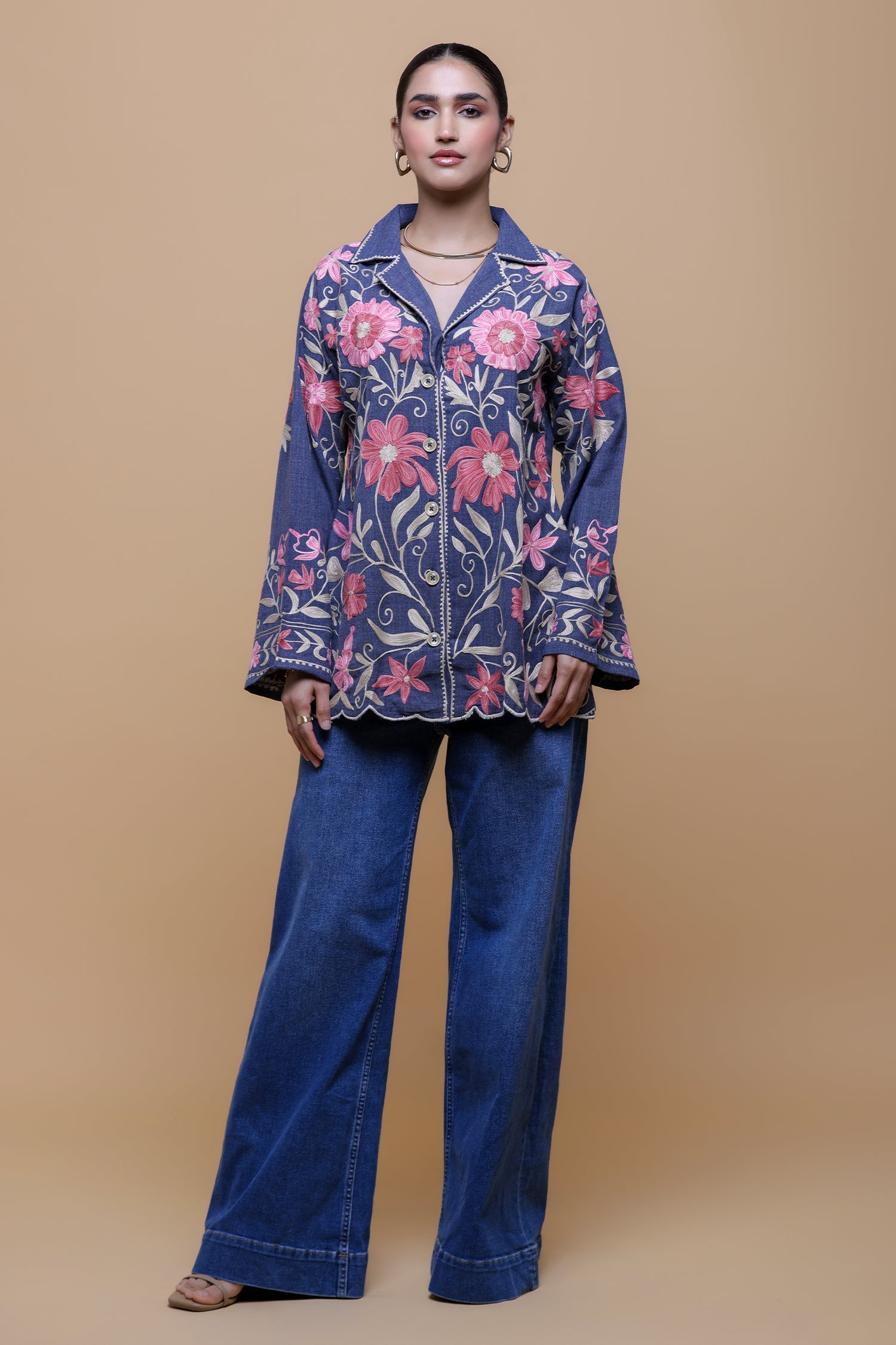 Plus Size - Denim Cotton Kashmiri Aari Short Jacket