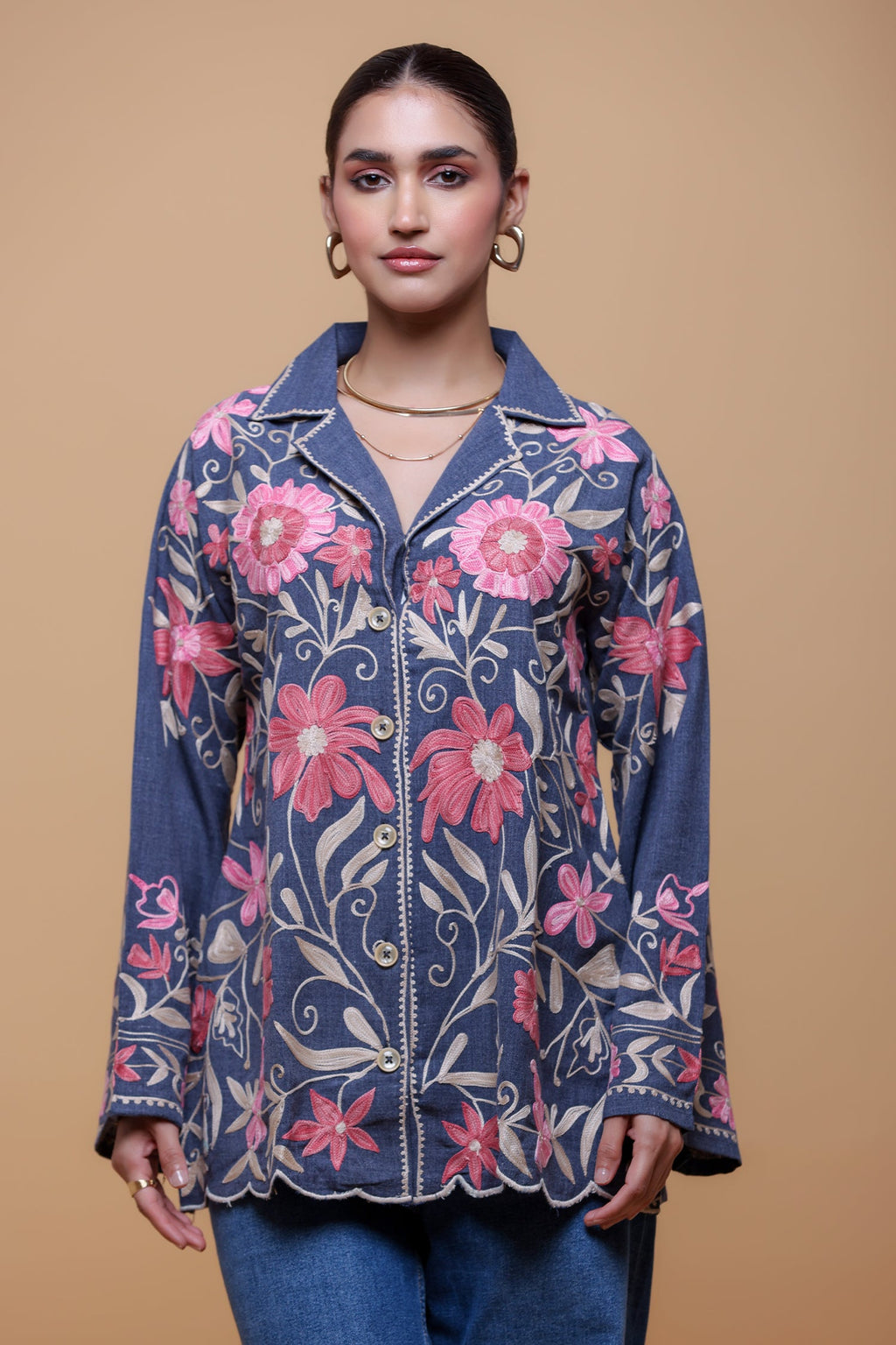 Plus Size - Denim Cotton Kashmiri Aari Short Jacket