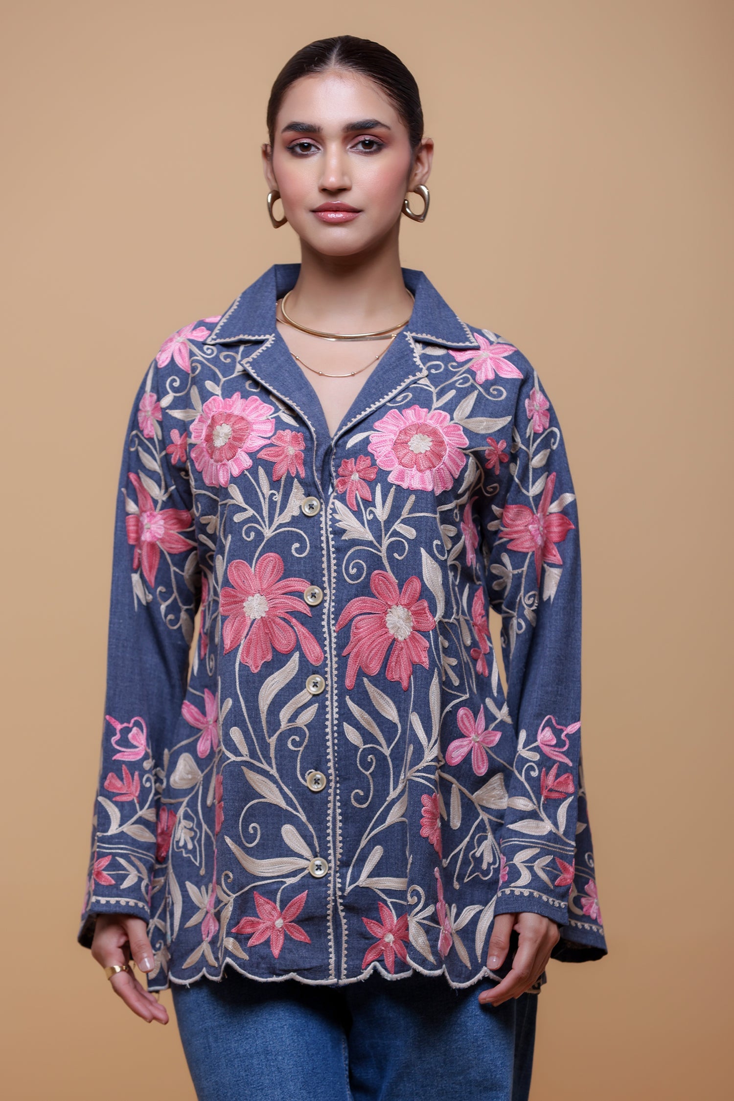 Plus Size - Denim Cotton Kashmiri Aari Short Jacket