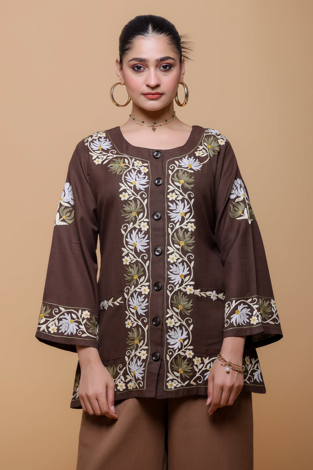 Cotton  Kashmiri Aari Jacket- Brown