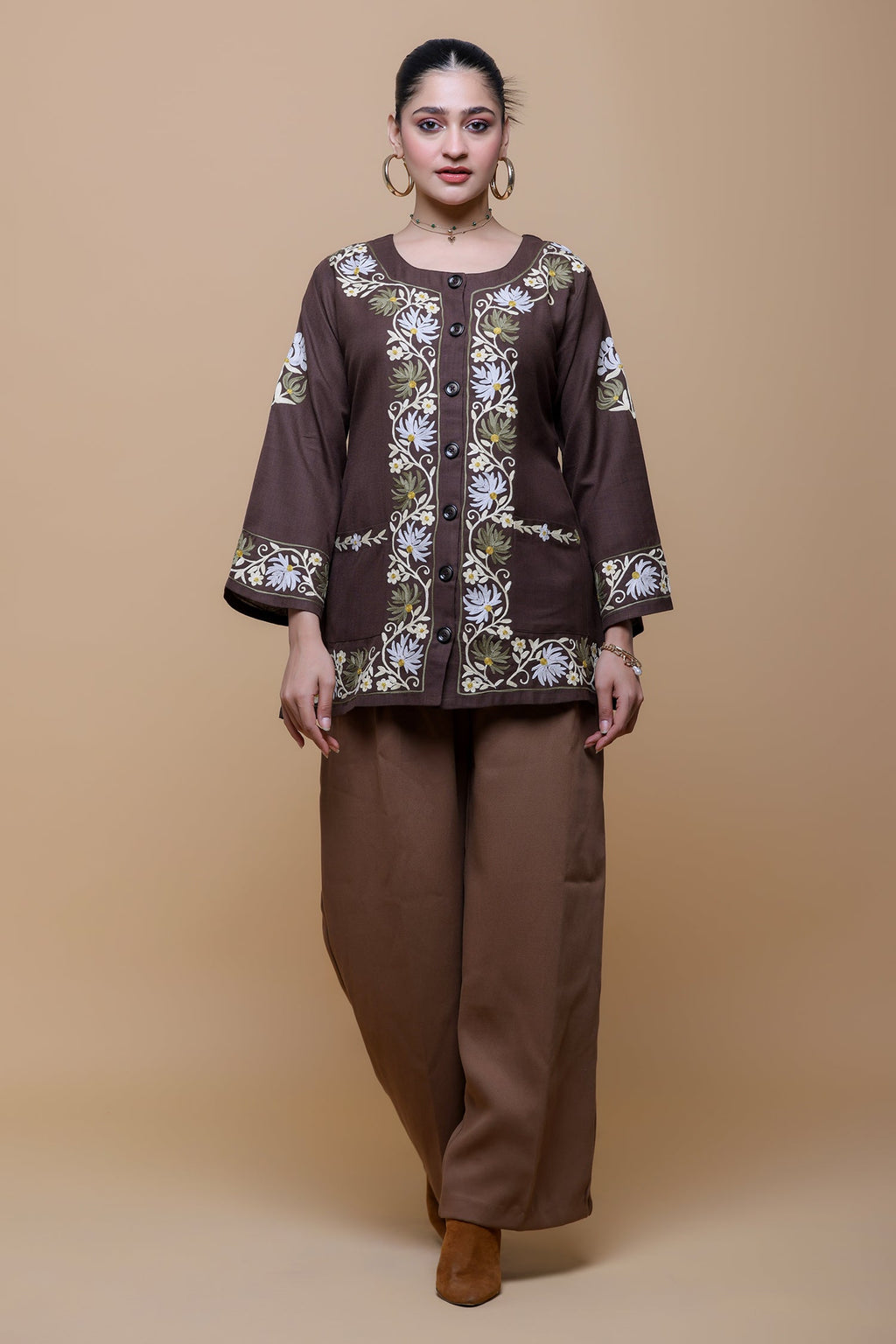 Cotton  Kashmiri Aari Jacket- Brown