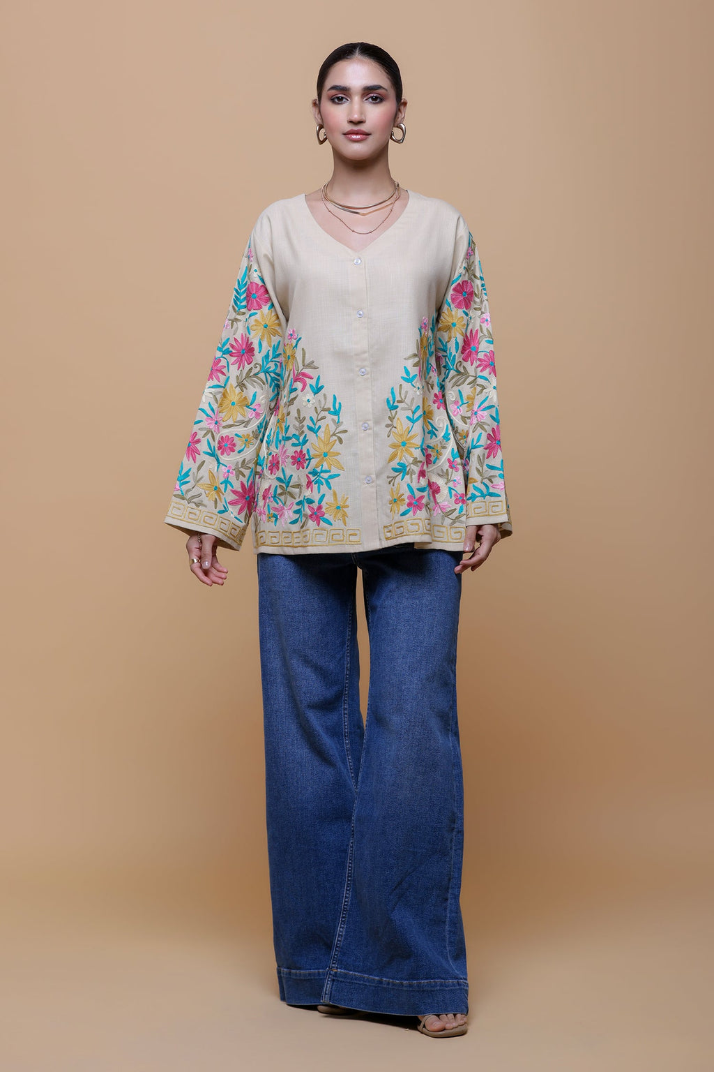 Cotton Kashmiri Aari Short Jacket - Beige