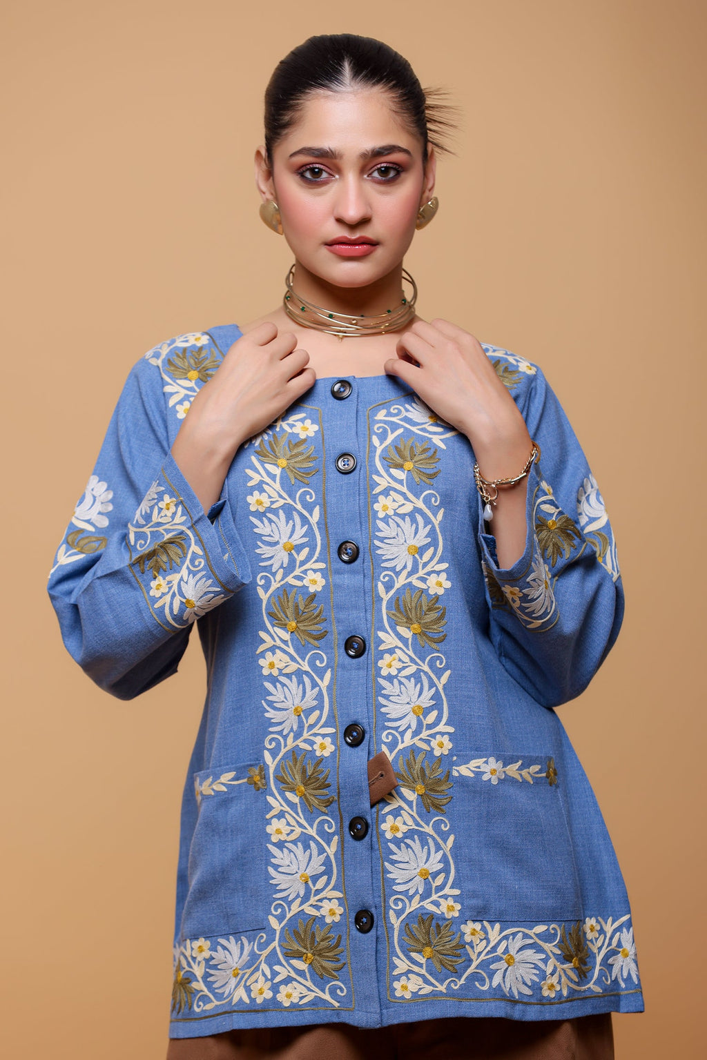 Denim Cotton  Kashmiri Aari Jacket