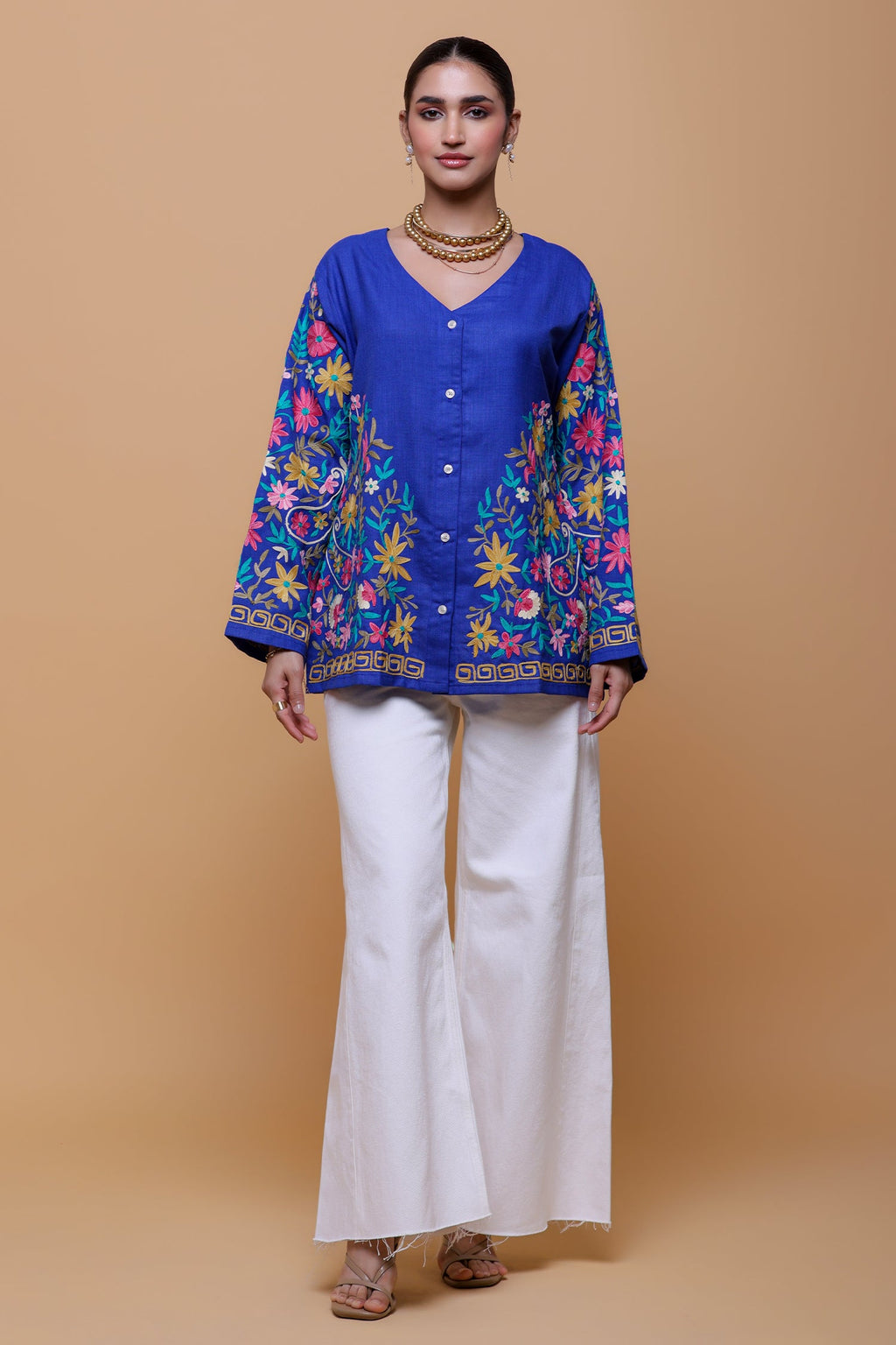 Plus Size - Cotton Kashmiri Aari Short Jacket - Blue