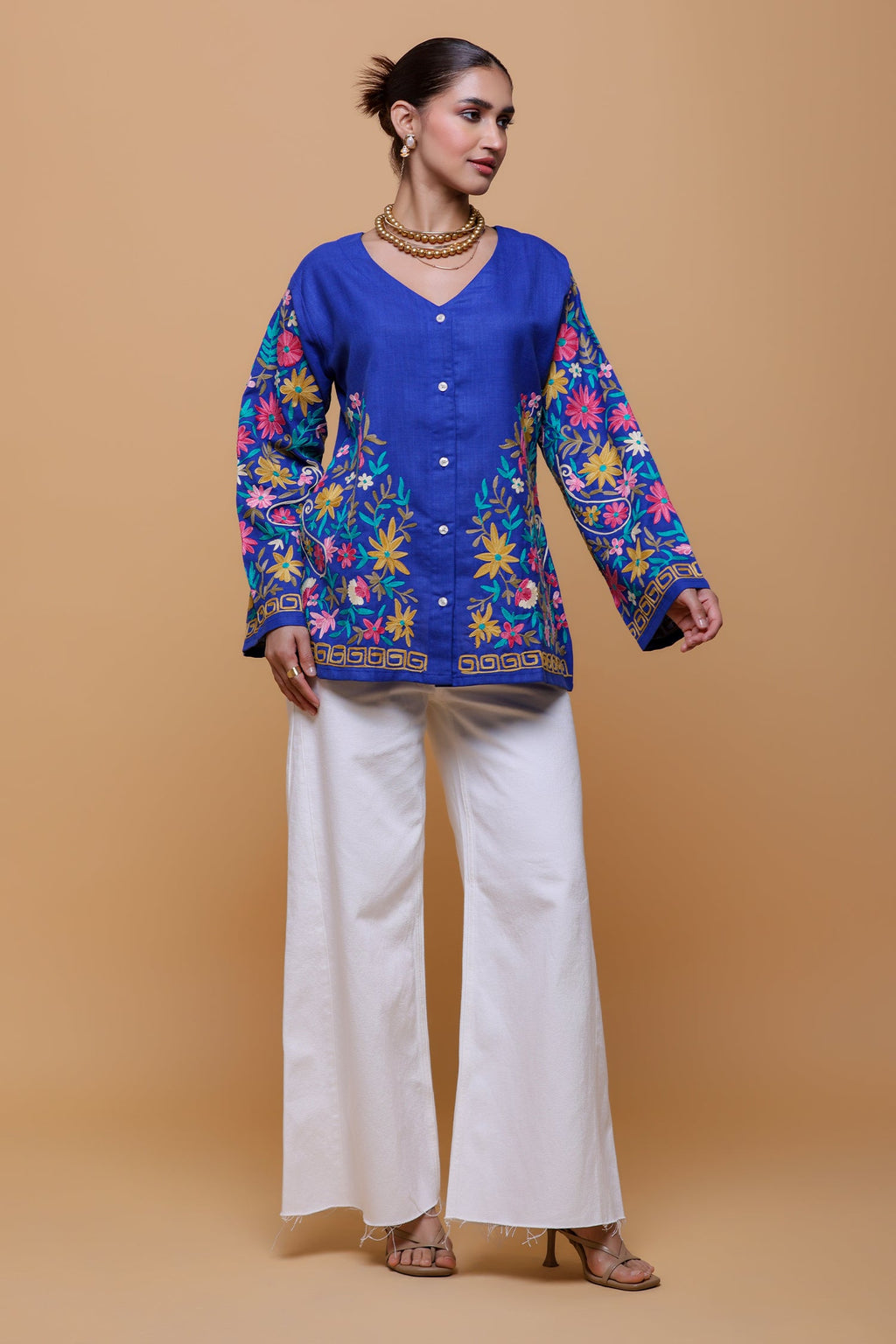 Plus Size - Cotton Kashmiri Aari Short Jacket - Blue