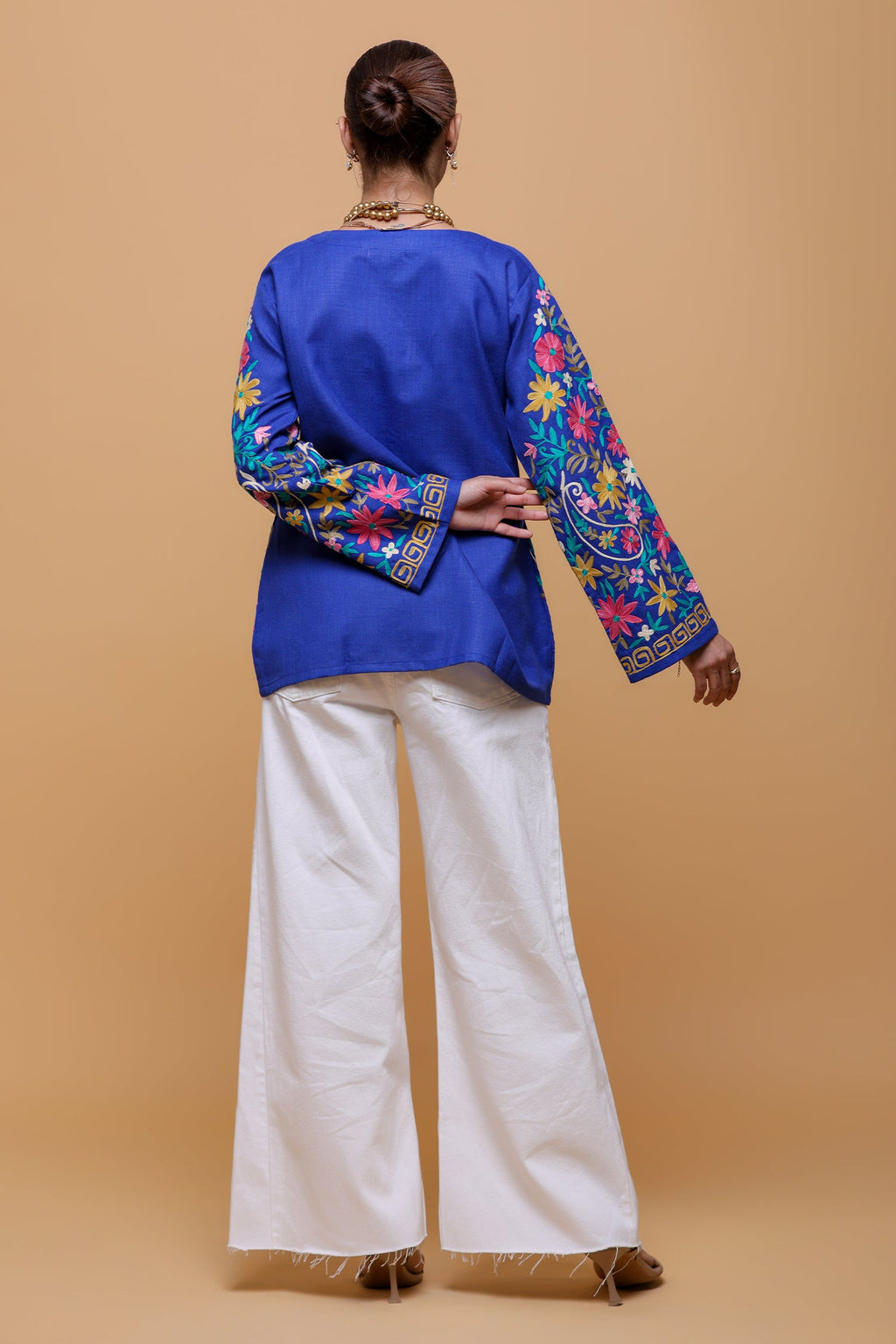 Plus Size - Cotton Kashmiri Aari Short Jacket - Blue